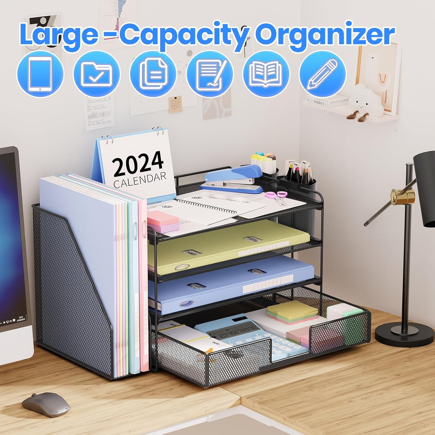 Desk Organizer, 4-Tier Desktop File Organizer with Drawer and Pen Holders, Offic