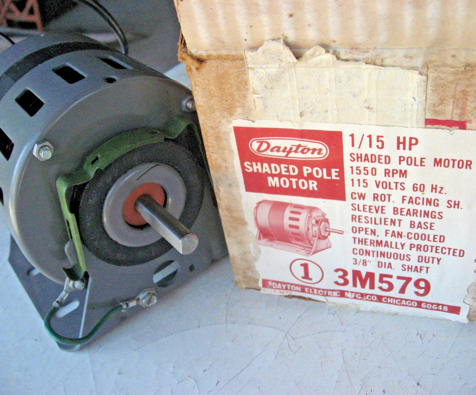 Dayton 1/15 HP Air Over Fan Motor Grainger 3M579 1550 RPM 115v 60 Hz CW 3/8″ Dia