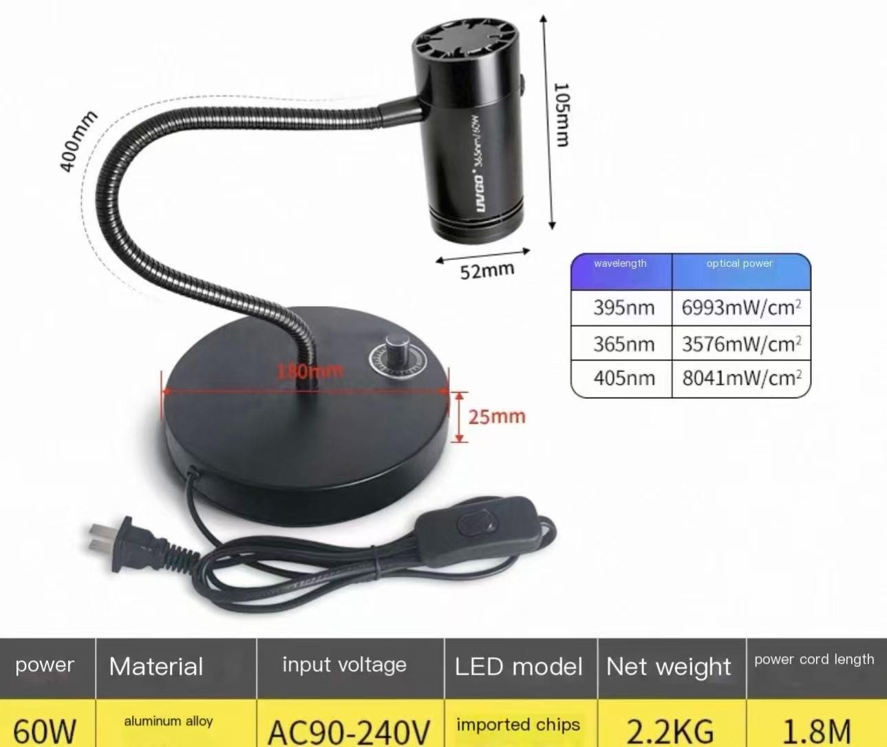 Table lamp energy adjustable air-cooled UV curing lamp 60W 365nm/395nm/405nm