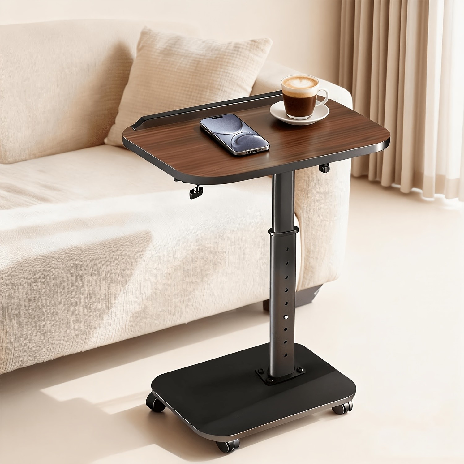 Walnut C-Shaped Sofa Bed Tray Table – Multi Functional Armrest Side Table