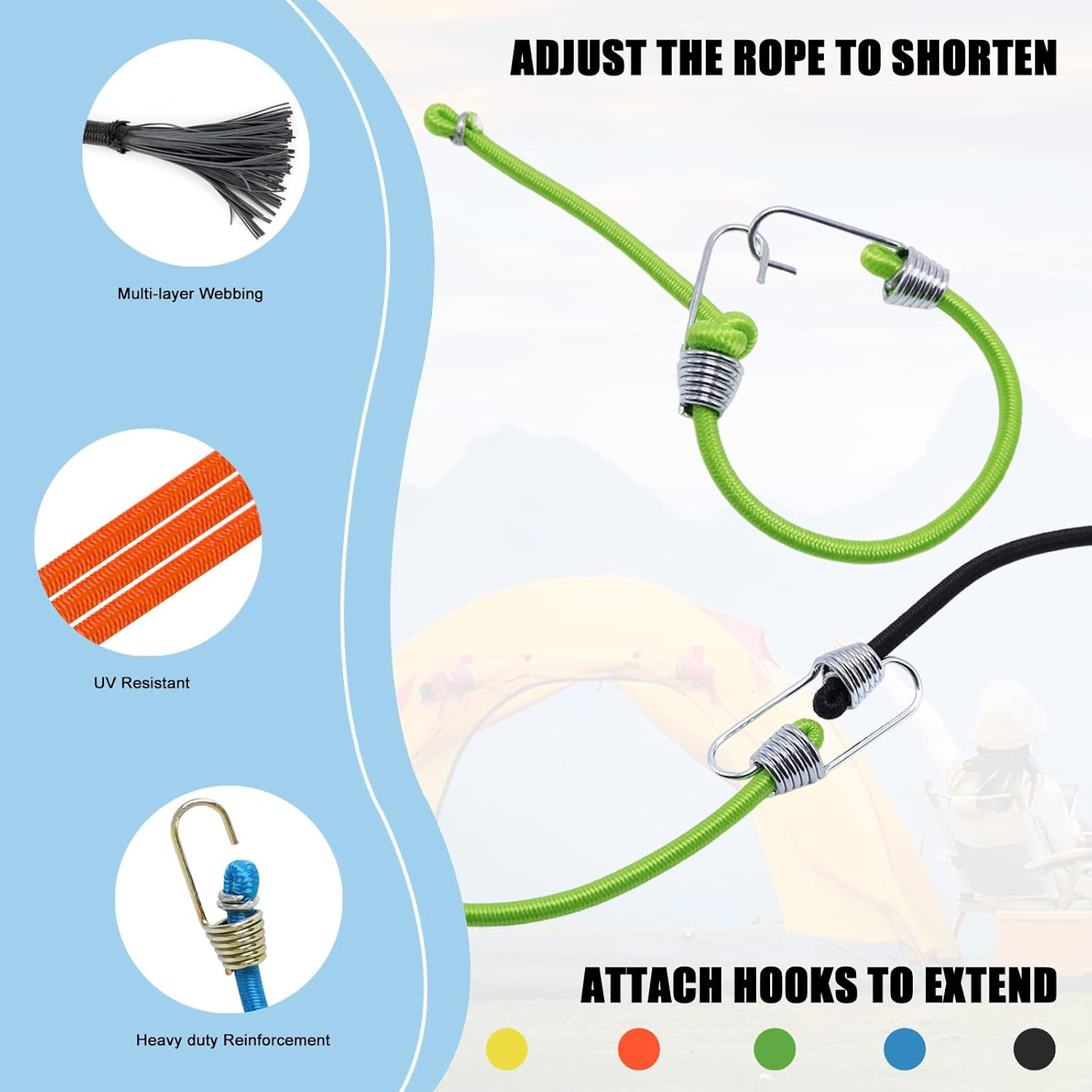 Small Bungee Cords with Hooks 12 Pack, 10″ Mini Adjustable Rubber Stretchy
