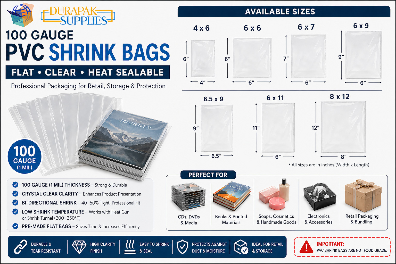 500 to 3000 pcs 4×6″, 6×6″, 6×7″ up to 8×12″ PVC Heat Shrink Wrap Film Flat Bags