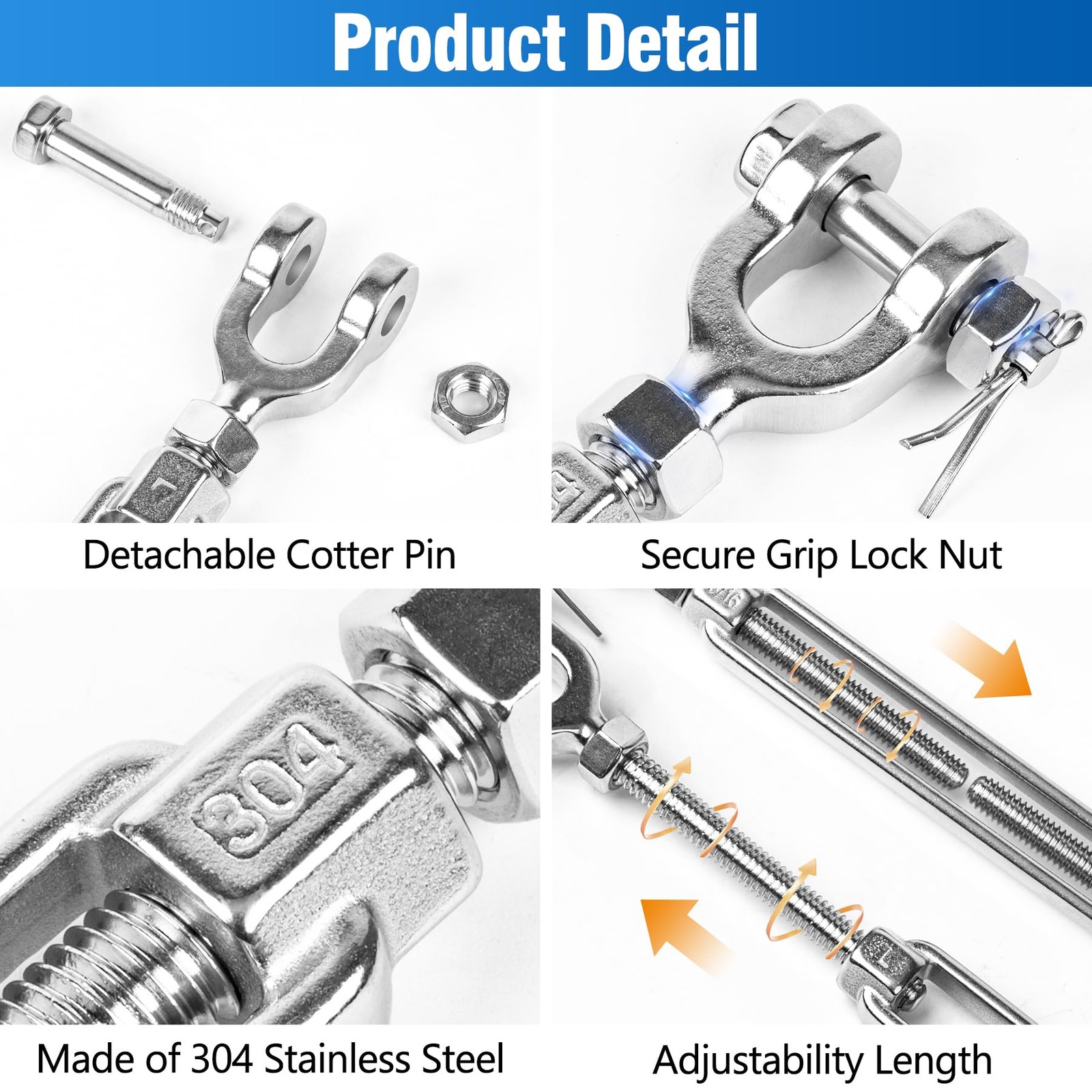 6 PCS M5 Turnbuckle 3/16″ 304 Stainless Steel Jaw and 3/16″-6 Pack, Silver