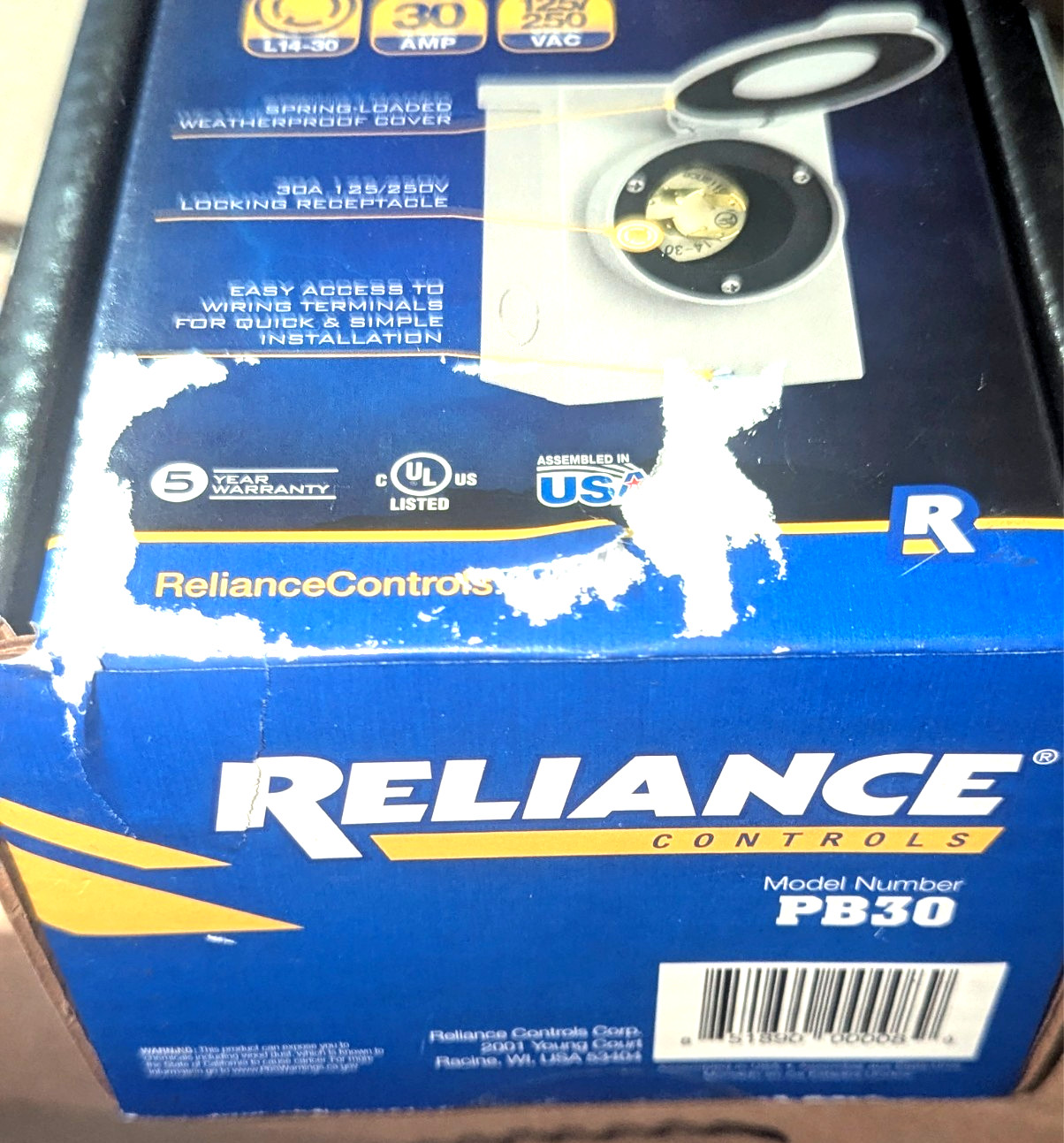 Reliance Controls 30 Amp Power Inlet Box Model PB30 Generator to House Outlet