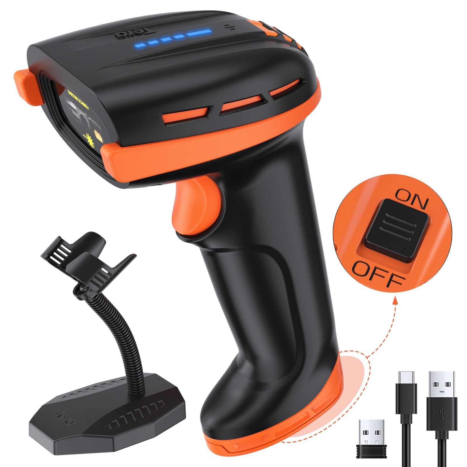 Tera Barcode Scanner Wireless with Stand: 1D 2D QR with Power Switch, D6100