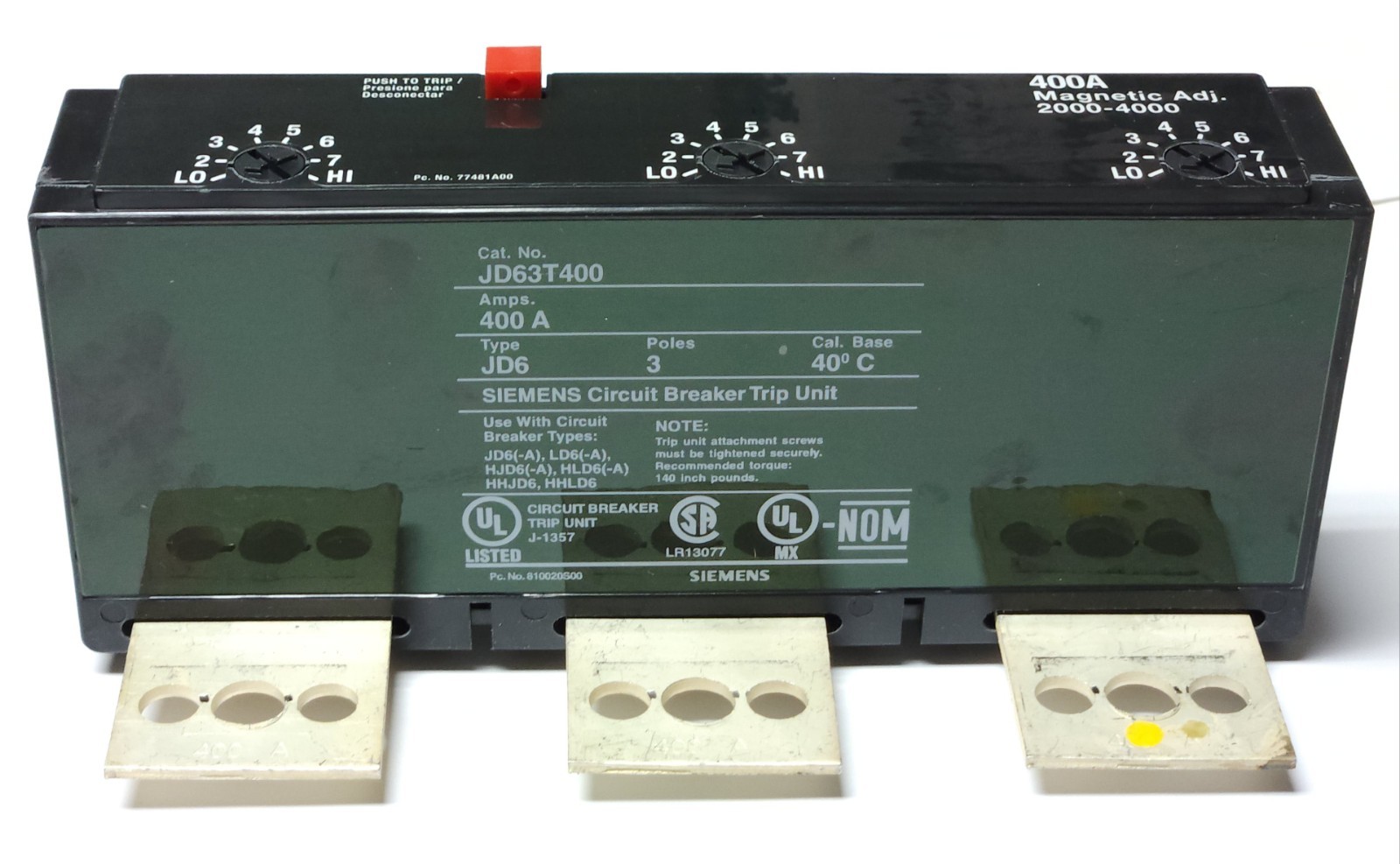 SIEMENS JD63T400 3 Pole 400 AMP Type JD LD SENTRON Breaker TRIP Unit JD6-A