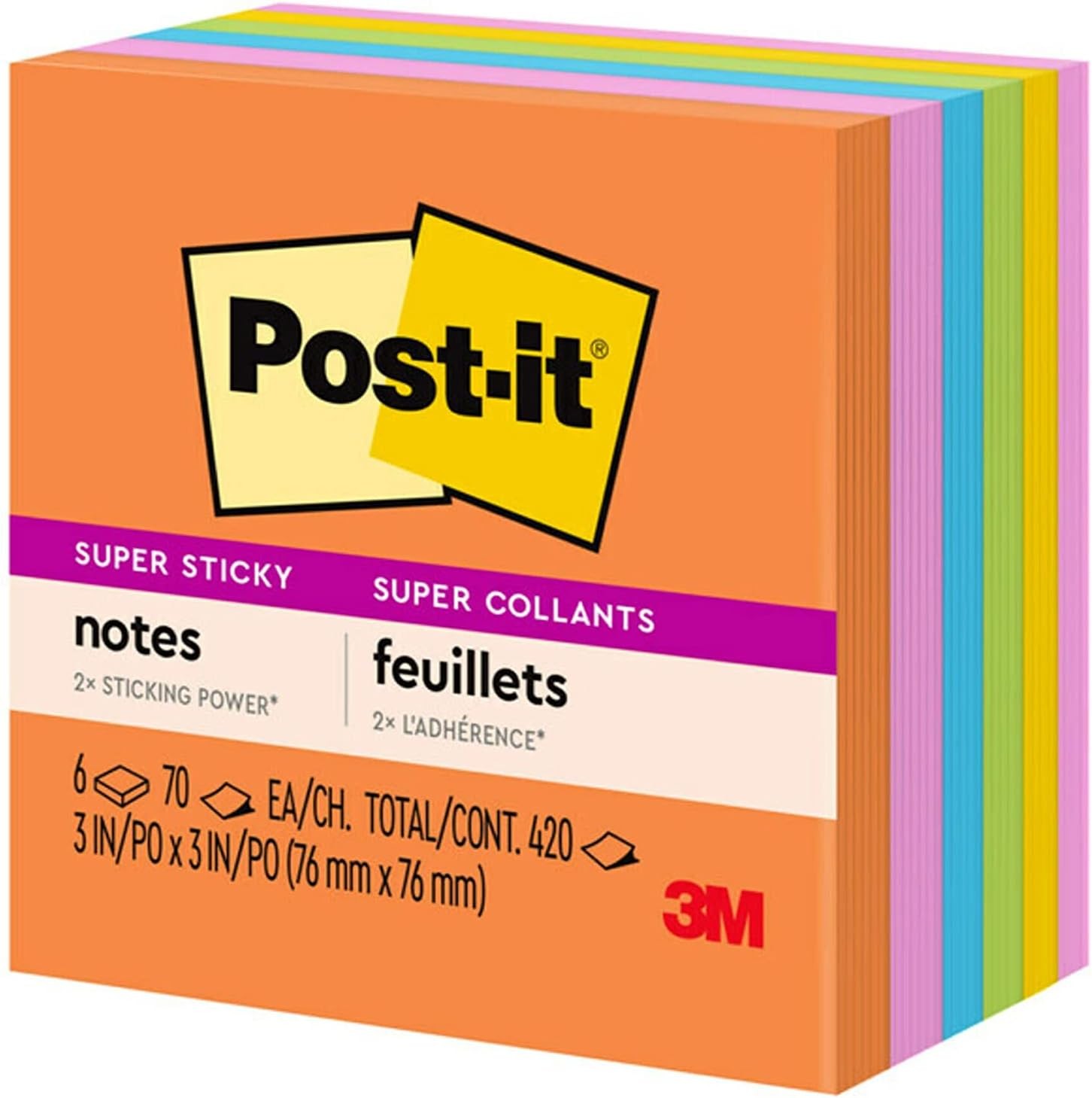 Post-it Super Sticky Notes, 3 in X 3 In, 6 Pads, 2x the Sticking Power