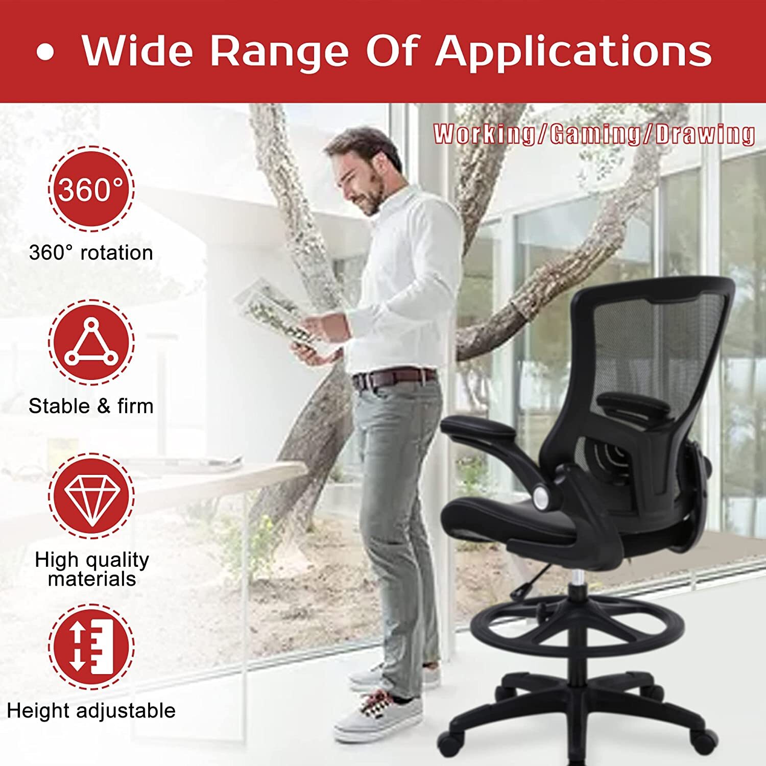 Height Adjustable Rolling Swivel Mesh Drafting Stool Task Executive Chair Black