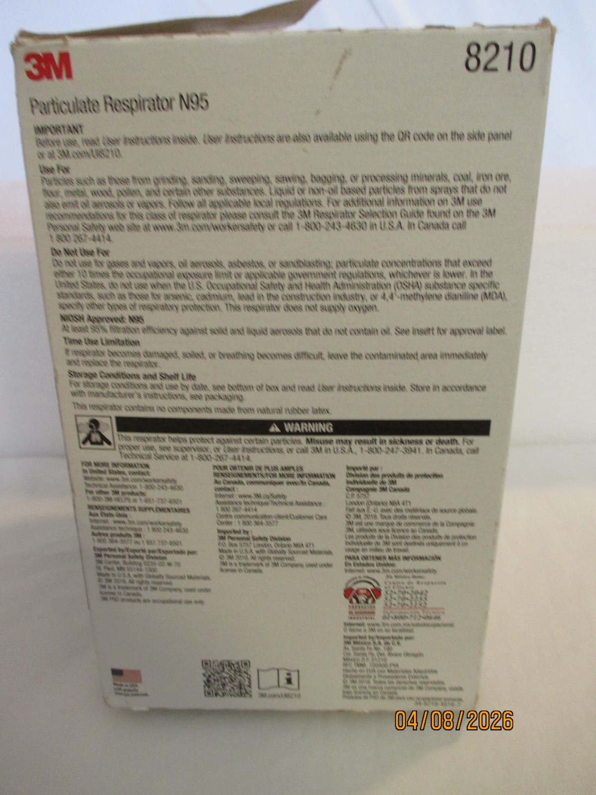 3M Particulate Respirator N95 8210 Box of 20