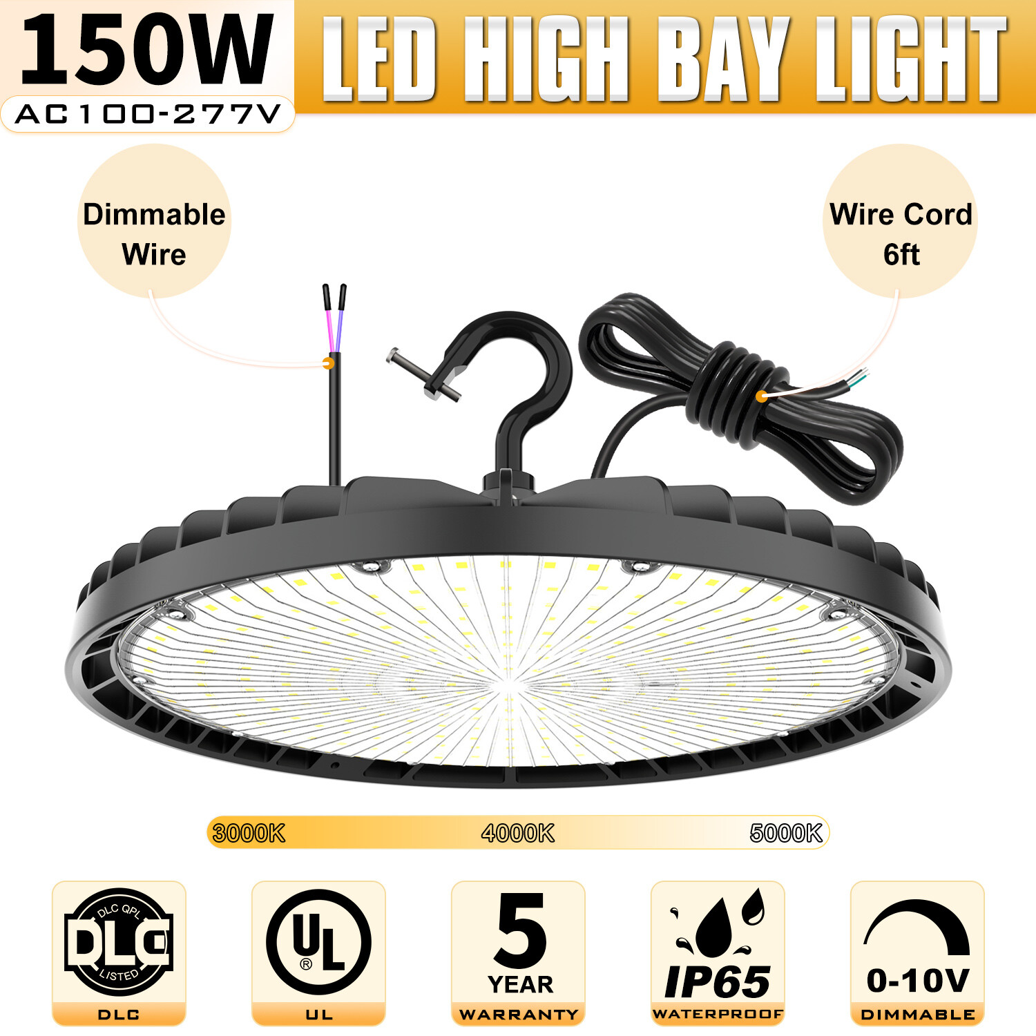 LED High Bay Light 21000lm (Eqv.600W MH/HPS) 5000K Warehouse UFO Light 150 Watt