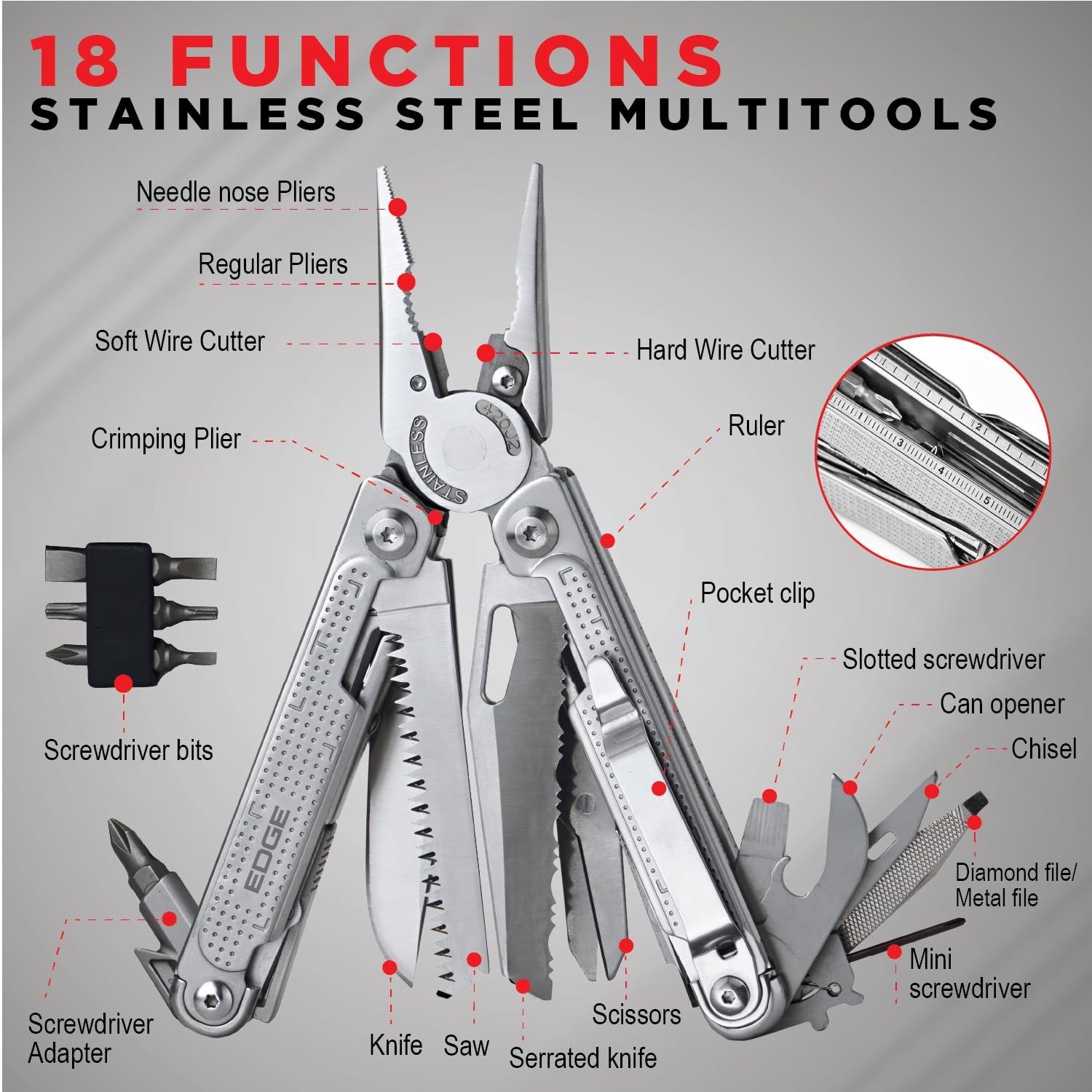 EDGE Multi-Tool Pliers, 14-in-1 Stainless Steel Multitool with Knife, Saw,