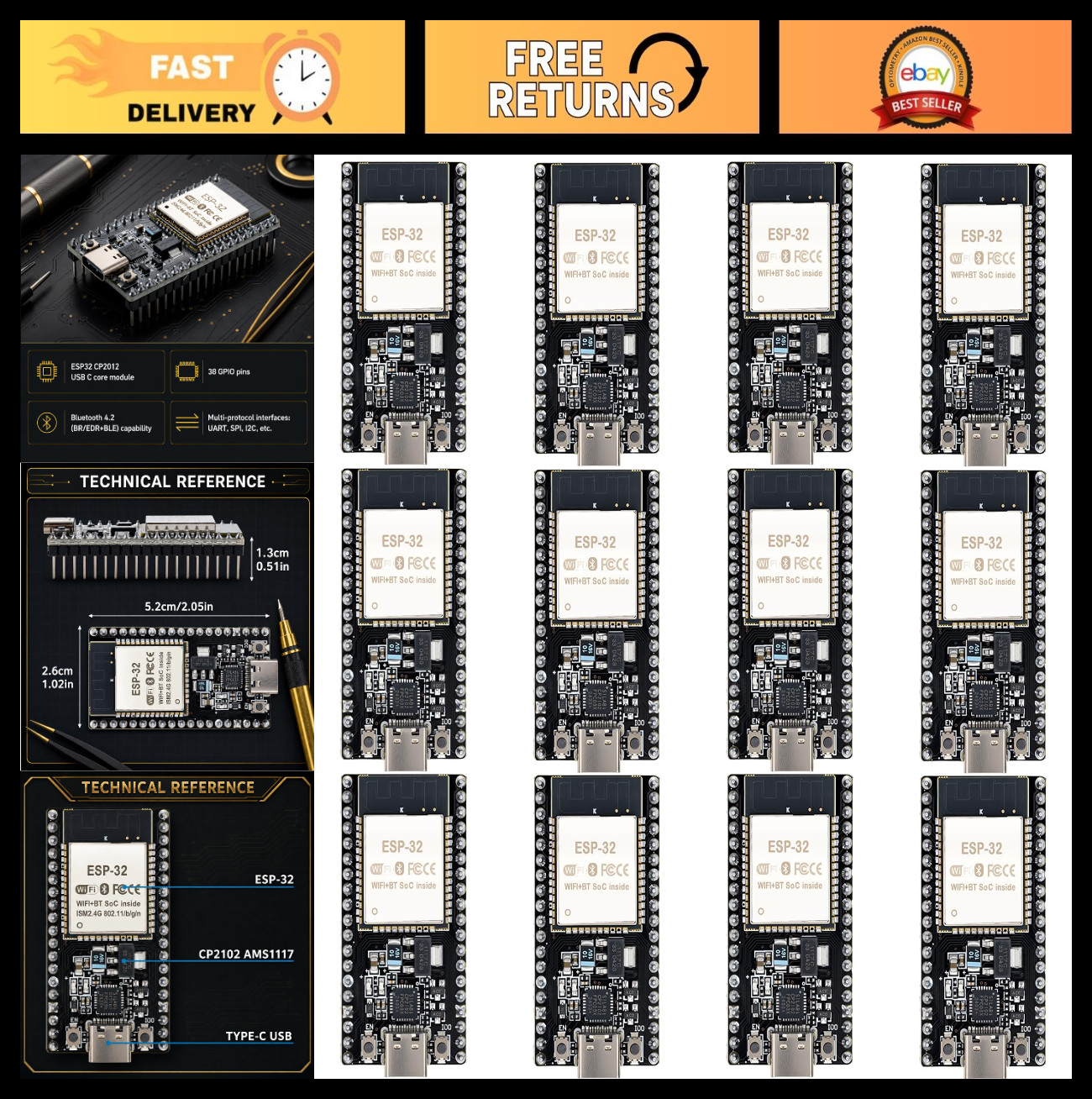 12 Pack ESP32 Development Boards, WiFi & Bluetooth Dual-Core, Type-C Interface,