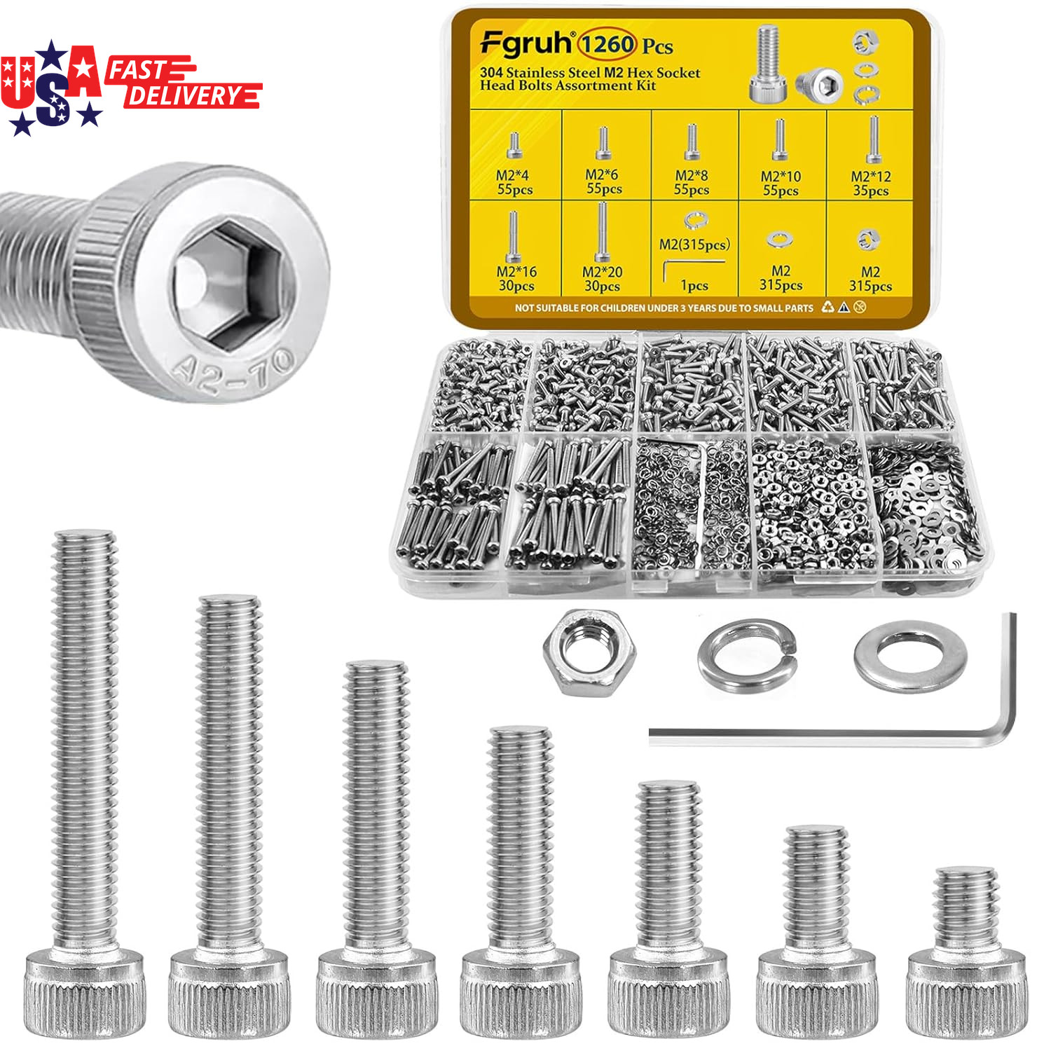 1260Pcs M2 Screw Assortment Kit, M2*4Mm/6Mm/8Mm/10Mm/12Mm/16Mm/20Mm 304 Stainles