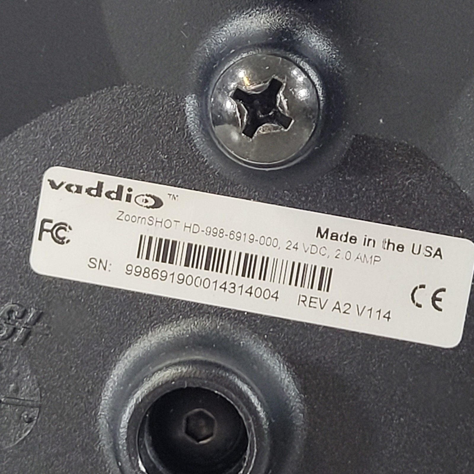 Vaddio ZOOMSHOT HD Camera 998-6919-000 REV A2 V114 24VDC 2.0 AMP Adjustable Base