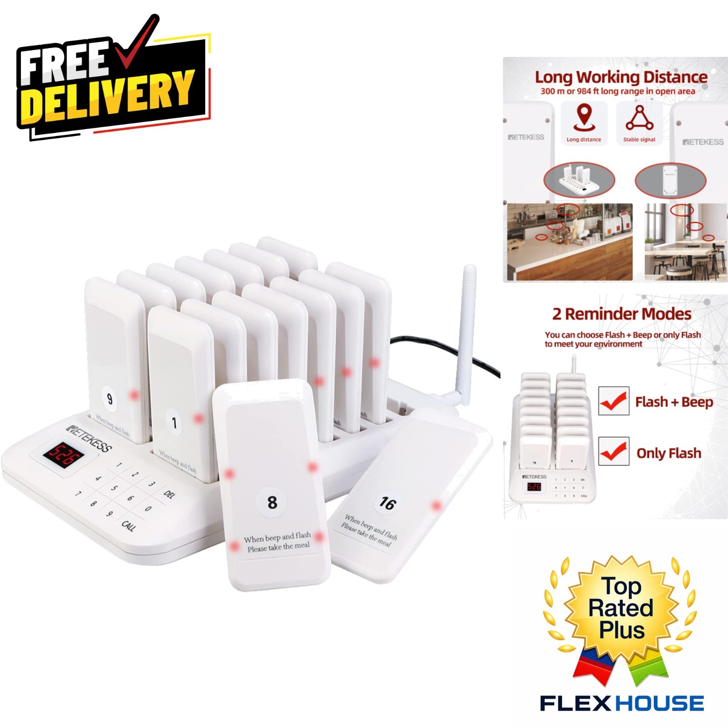 Long Range 984ft TD157 Restaurant Pager System – 16 Pagers, Adjustable Reminder