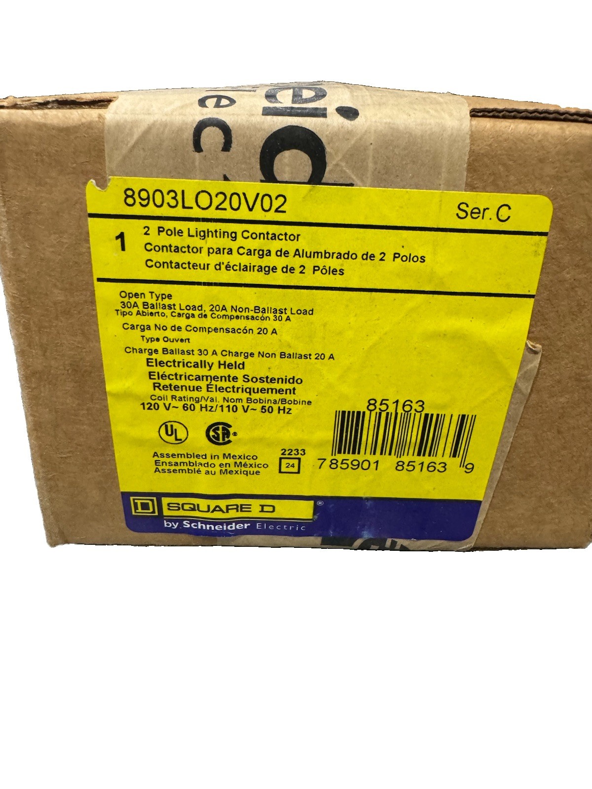 Square D 8903LO20V02 Lighting Contactor 2-Pole 30A 120V Electrically Held NIB