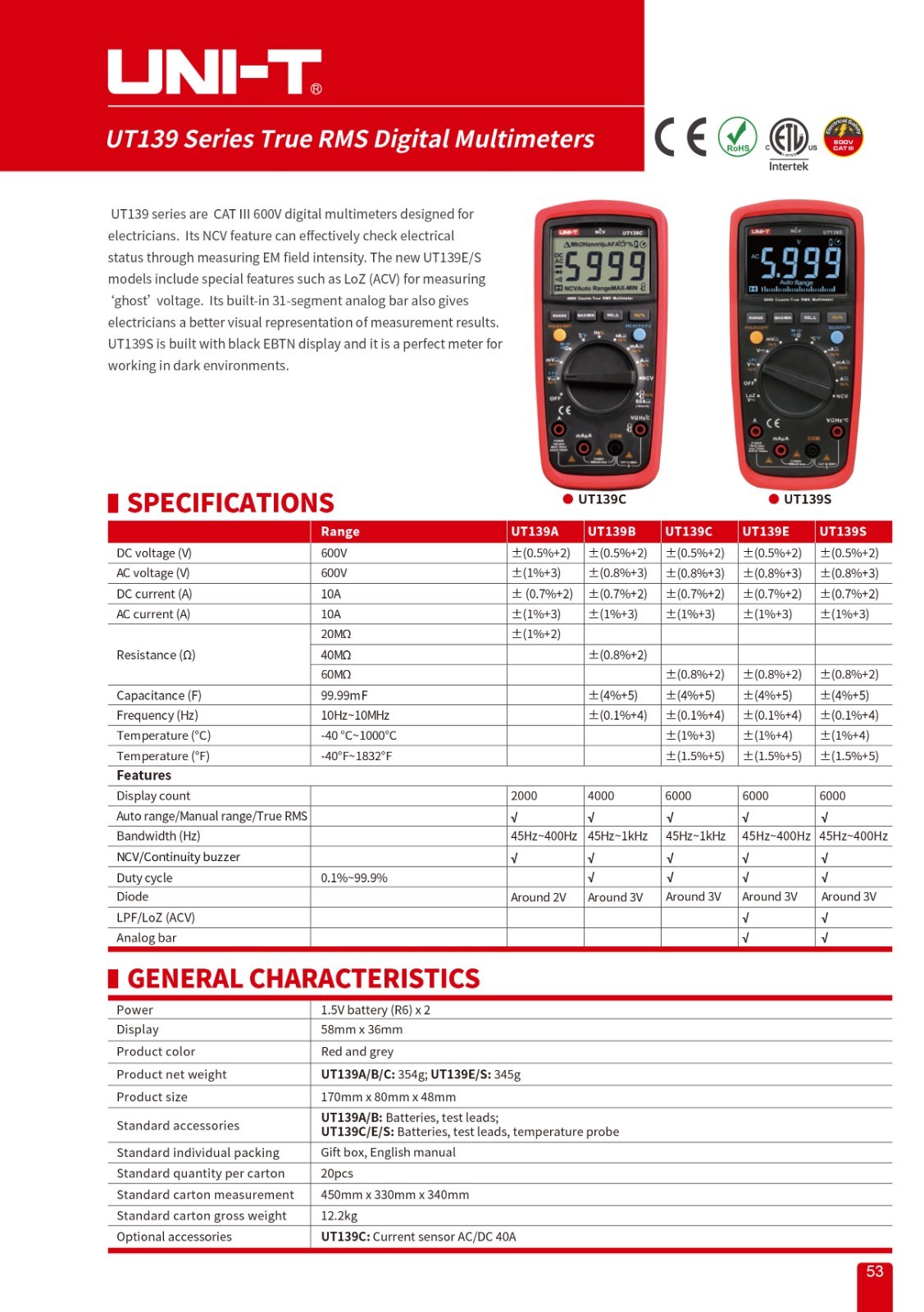Digital Multimeter UNI-T UT139A True RMS Auto Range VFC NCV Max/Min/Rel Measure