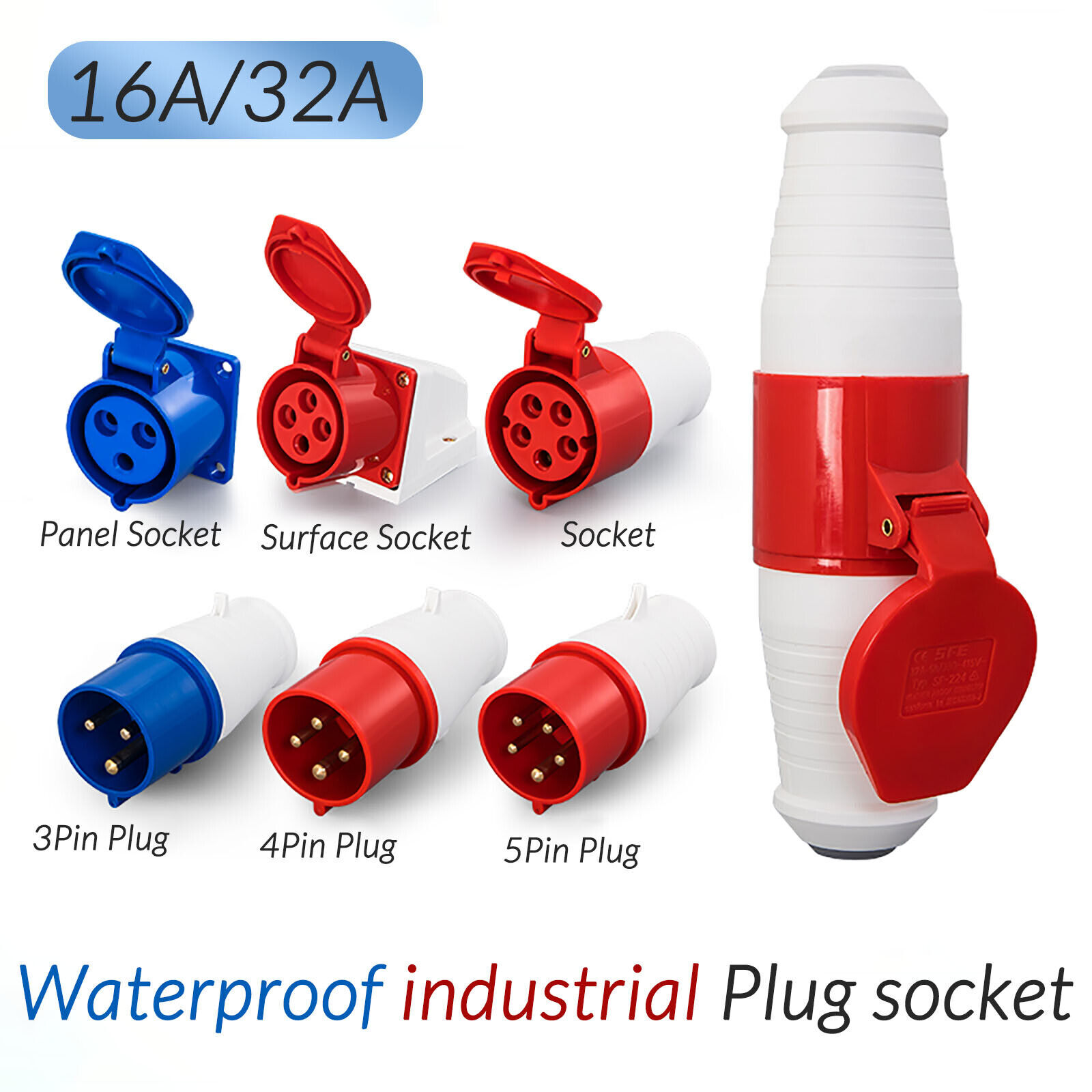 RED INDUSTRIAL PLUGS & SOCKETS 3 PHASE 3P+N+E IP44 MALE/FEMALE 32A 16A 3/4/5 PIN