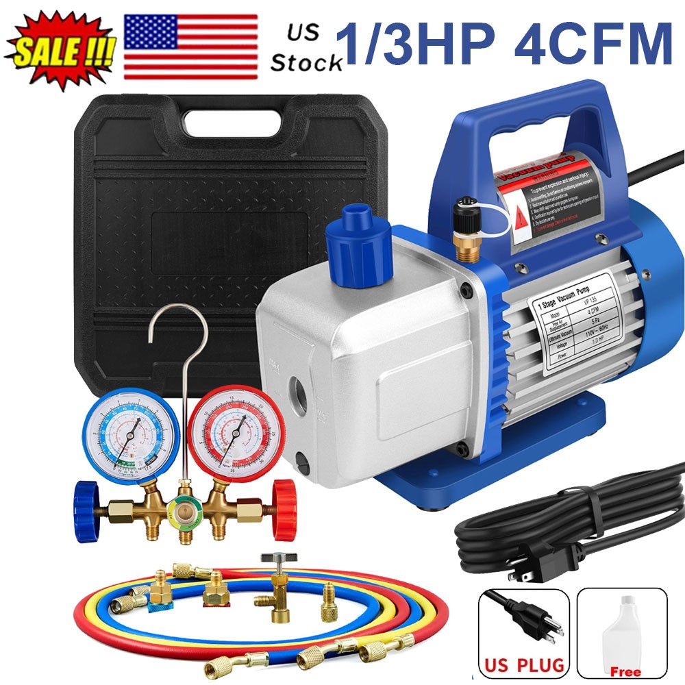 Air Vacuum Pump HVAC AC Air Tool 4 CFM 1/3HP + Manifold Gauge Set R134A Kits US
