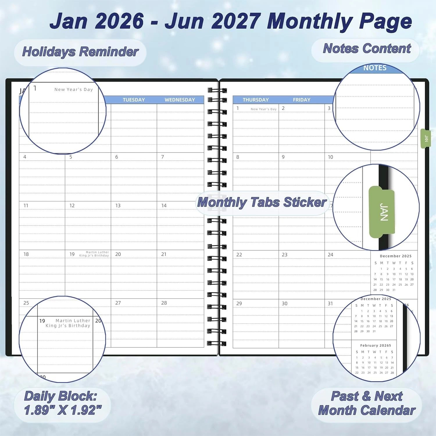2026 2027 Monthly Planner 7.4 Inch x 9.6 Inch Black Spiral Bound Organizer