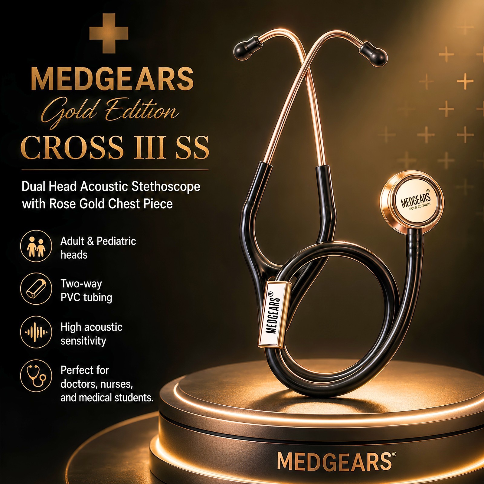 MEDGEARS Gold Edition Dual Head Stethoscope Adult Pediatric Rose Gold SS