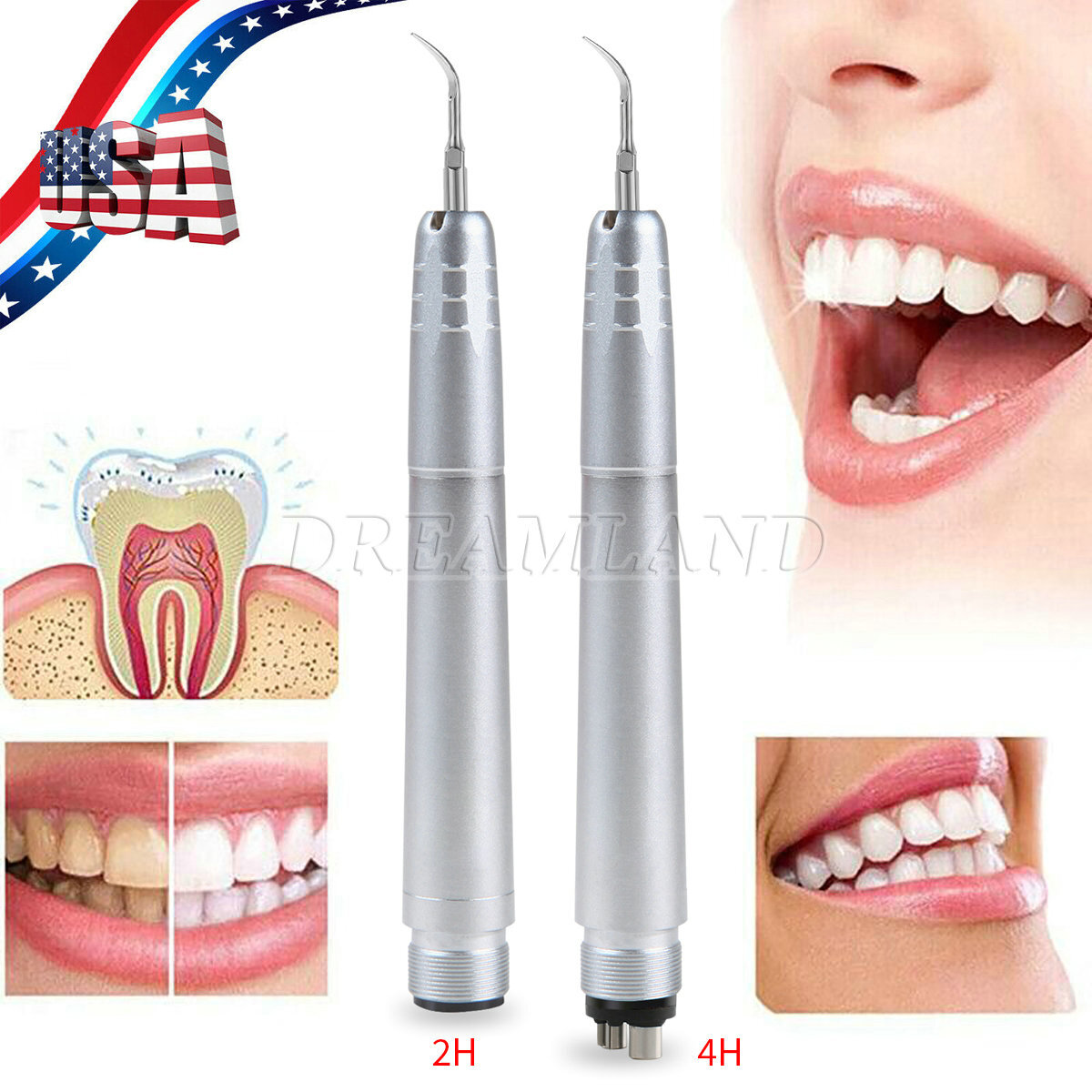 Dental Ultrasonic Air Scaler Handpiece Sonic 2/4 Hole+3 Tips Fit for NSK Scaler
