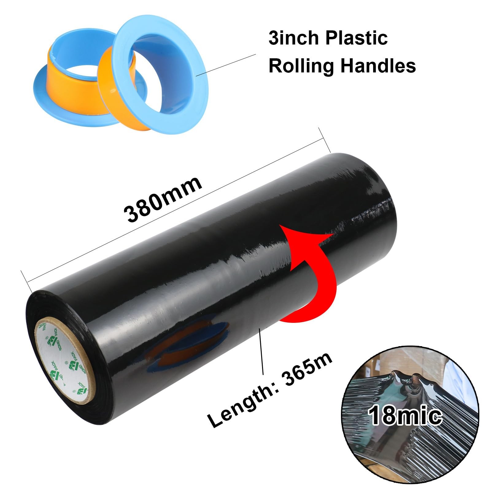 1 Pack 1200ft Industrial Black Stretch Wrap Film 70 Gauge 15″ with 3inch Plas…