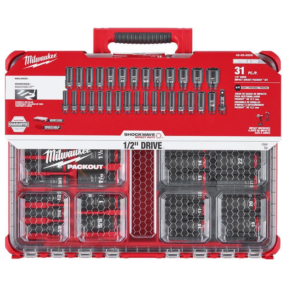 SHOCKWAVE 1/2 In. Drive Metric & SAE Deep Well 6 Point Impact Socket Set 31Pcs