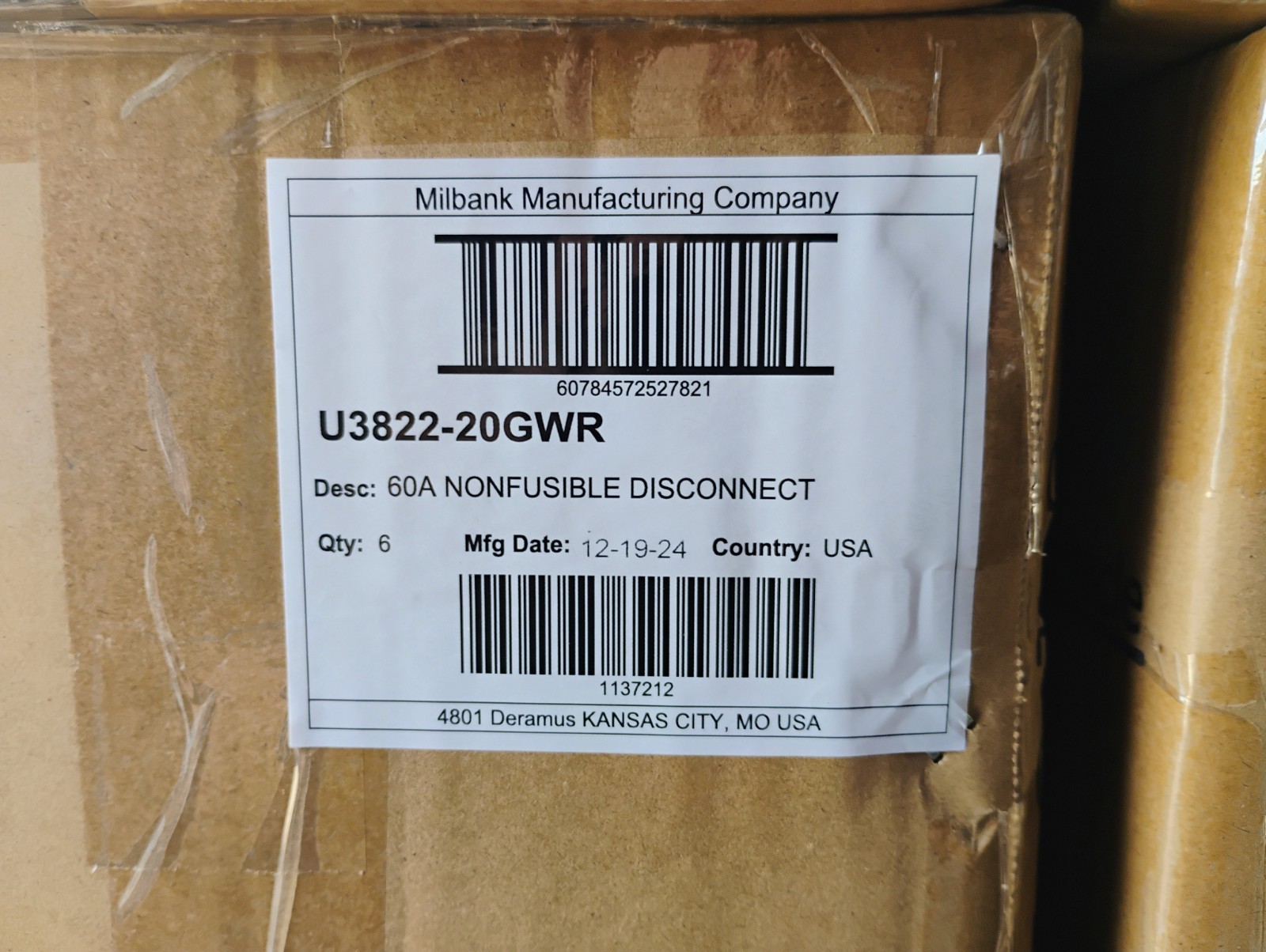MILBANK U3822-20GWR PULL-OUT DISCONNECT SWITCH 60 AMP 2-POLE NON-FUSED NEW