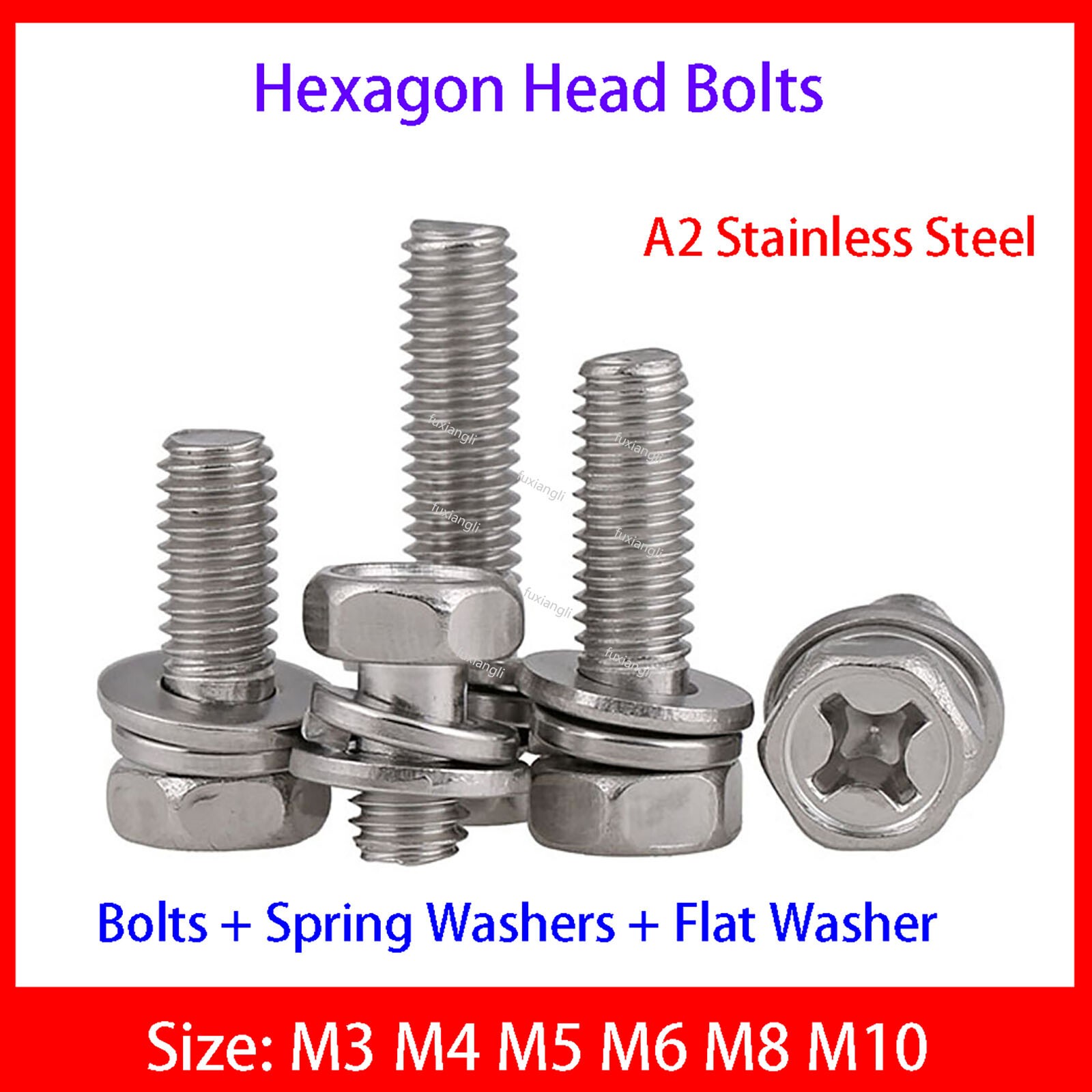 A2 Stainless Steel M3-M10 Hexagon Head Bolts Phillips Screws+Spring/Flat Washers