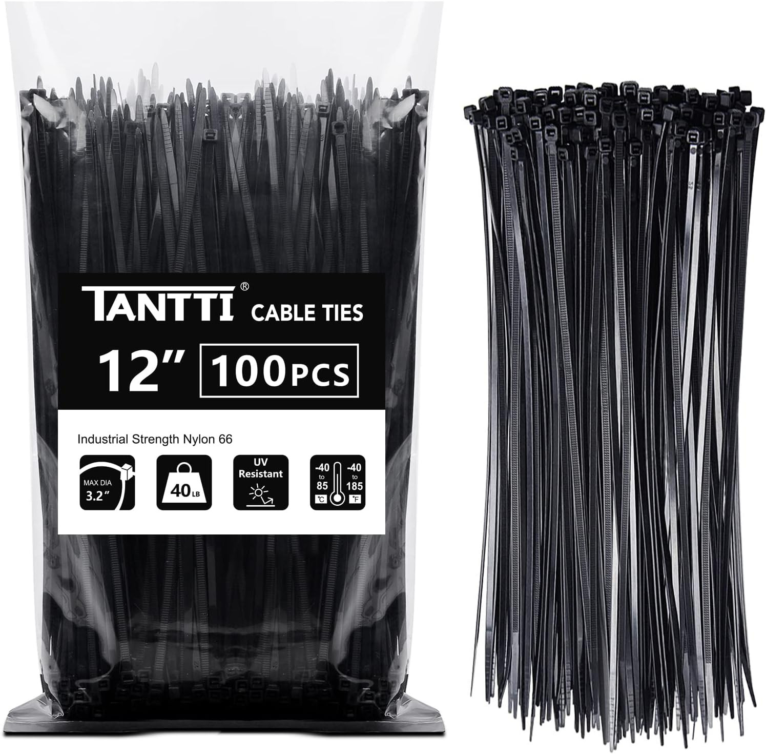 Zip Ties 12 Inch, Black Zip Ties 100 Pack, 40Lb, Cable Ties, Self-Locking Wire