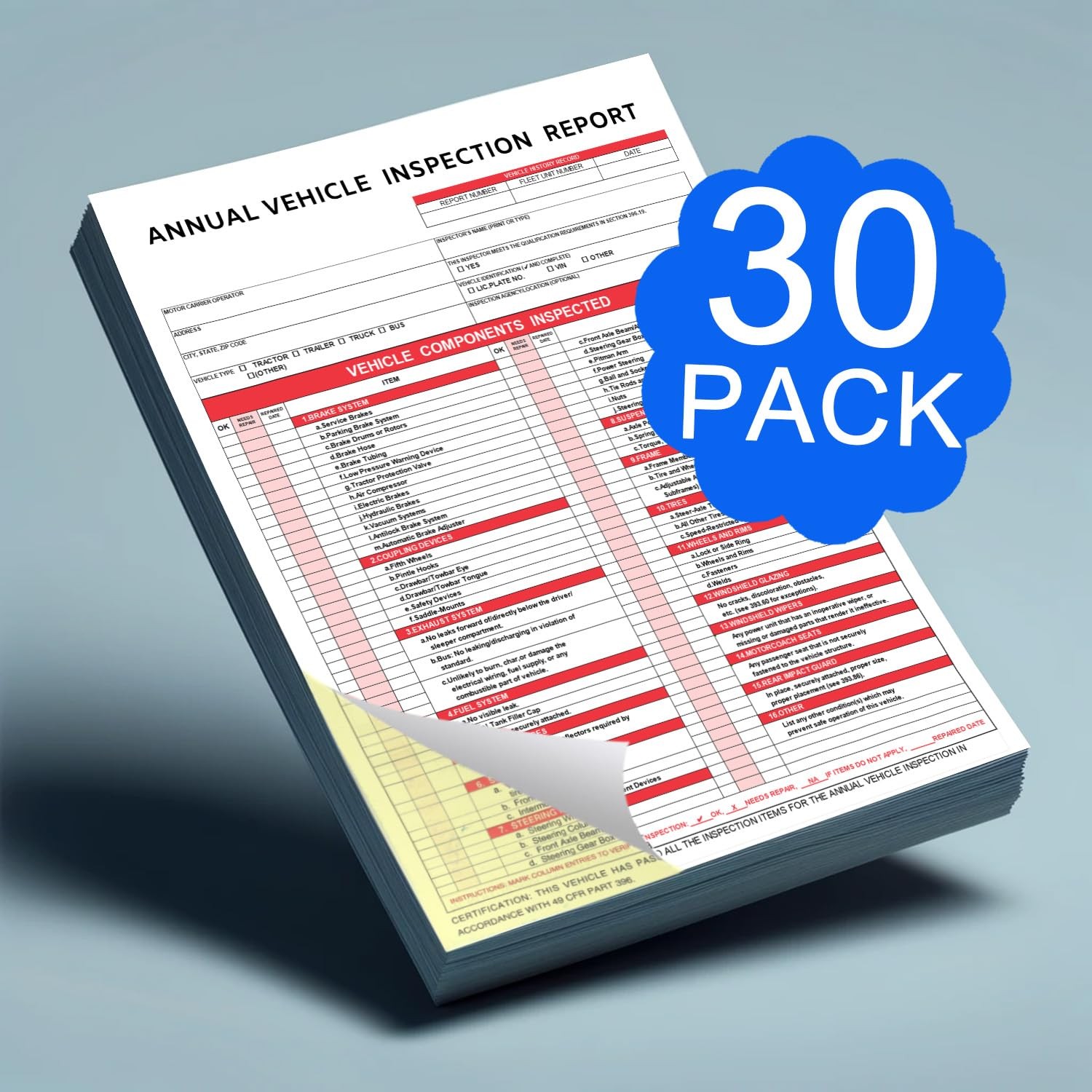 Annual Vehicle Inspection Report Form 30pk 3Ply Carbonless,Adhesive Vinyl Lab…