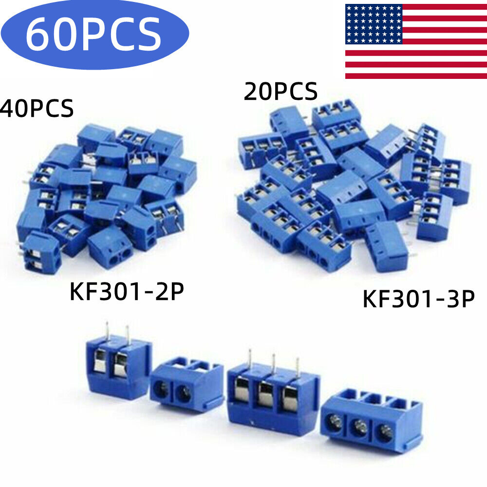 60pcs KF301-2/3-Pin Pole PCB Mount Screw Terminal Block 5mm Pitch