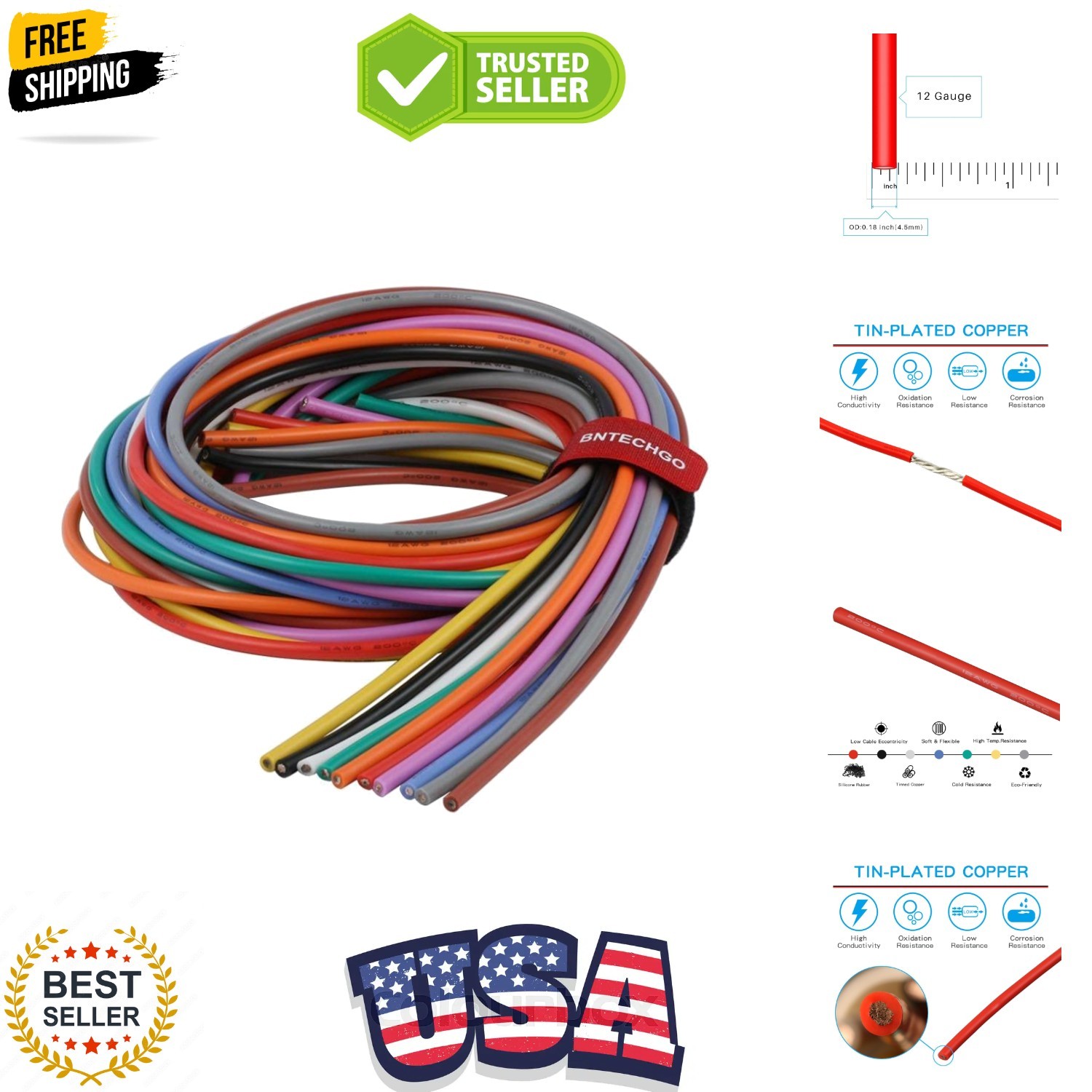 12 Gauge Silicone Wire Kit 10 Color Each 5 ft Flexible 12 AWG Stranded Tinned…