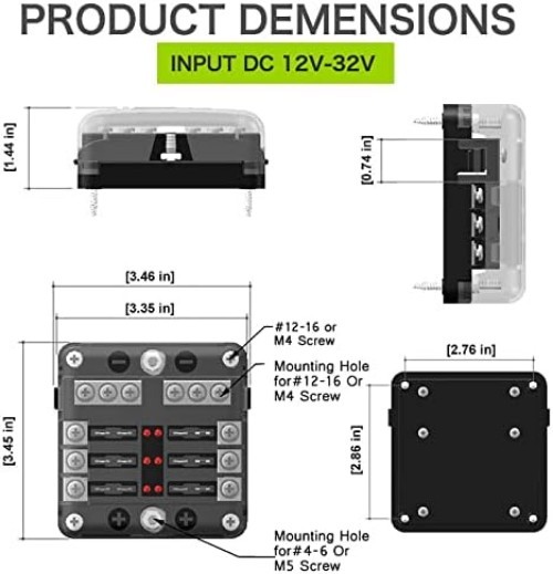 12 Volt Fuse Block, Waterproof 6 Way Fuse Box with 6 Ground Negative Busbar f…