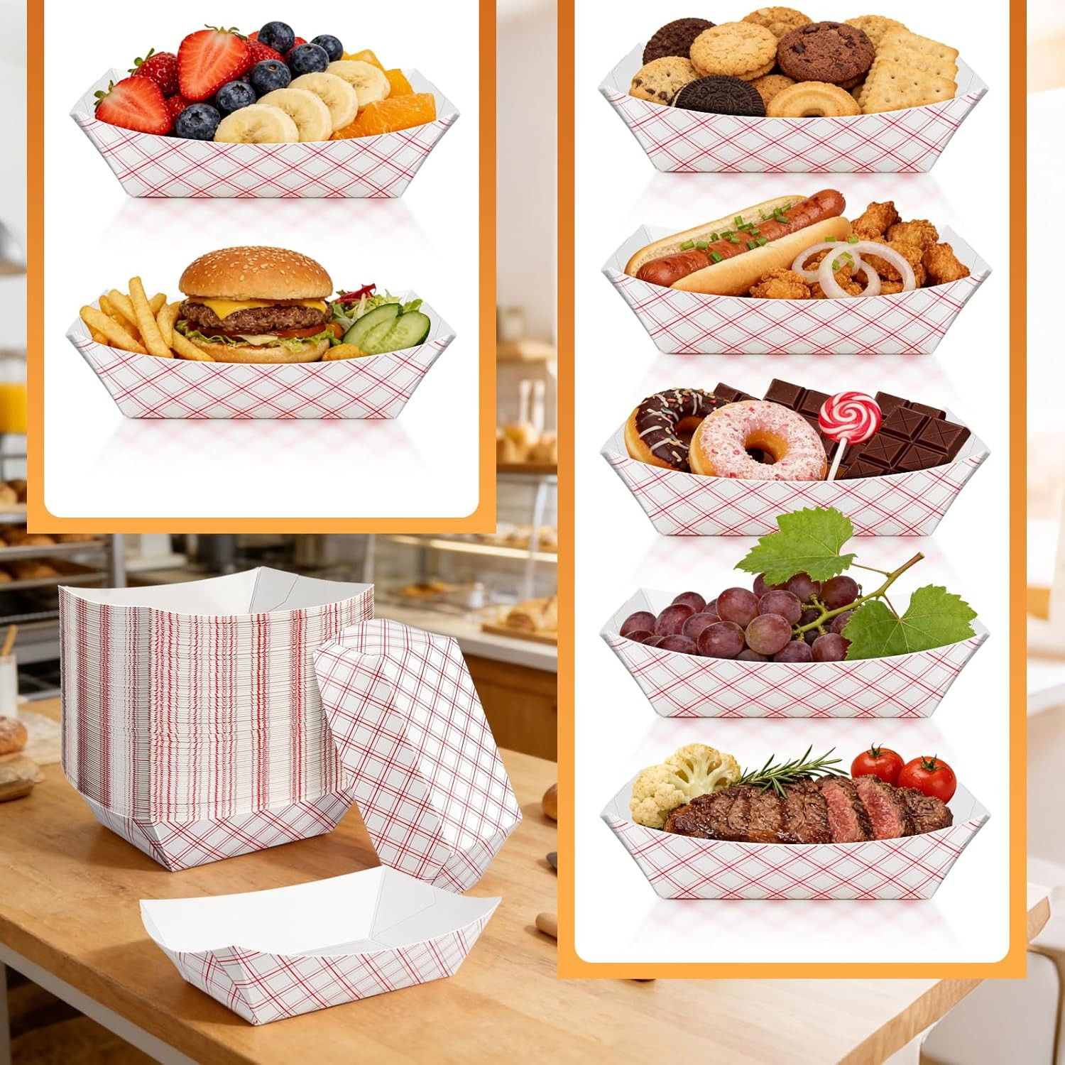 Extra Large 4Lb Disposable Paper Food Boats – 100 Pack Checkered Kraft Trays