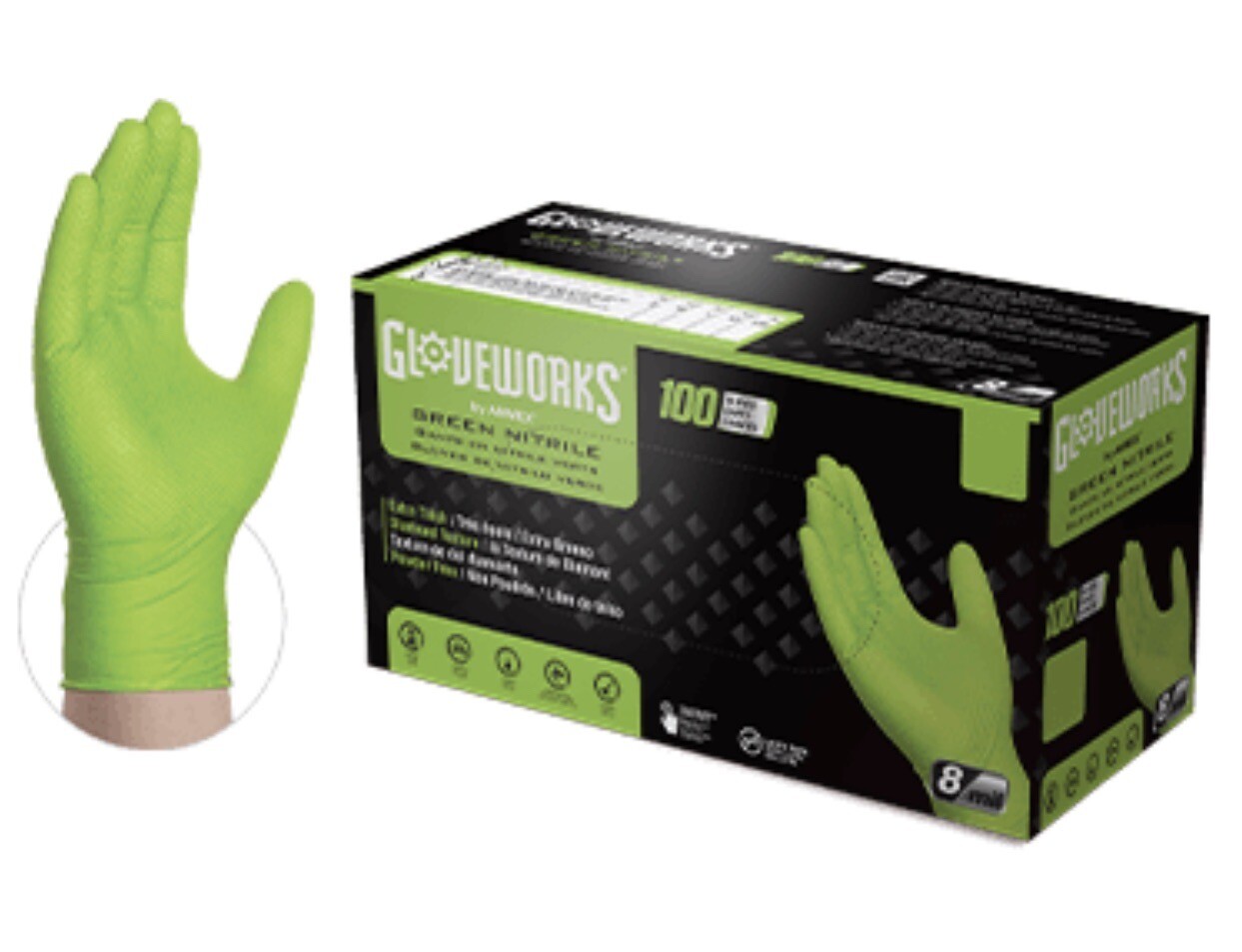 GLOVEWORKS HD Green Nitrile Gloves 8 Mil Raised Diamond Textured – Case Of 1000