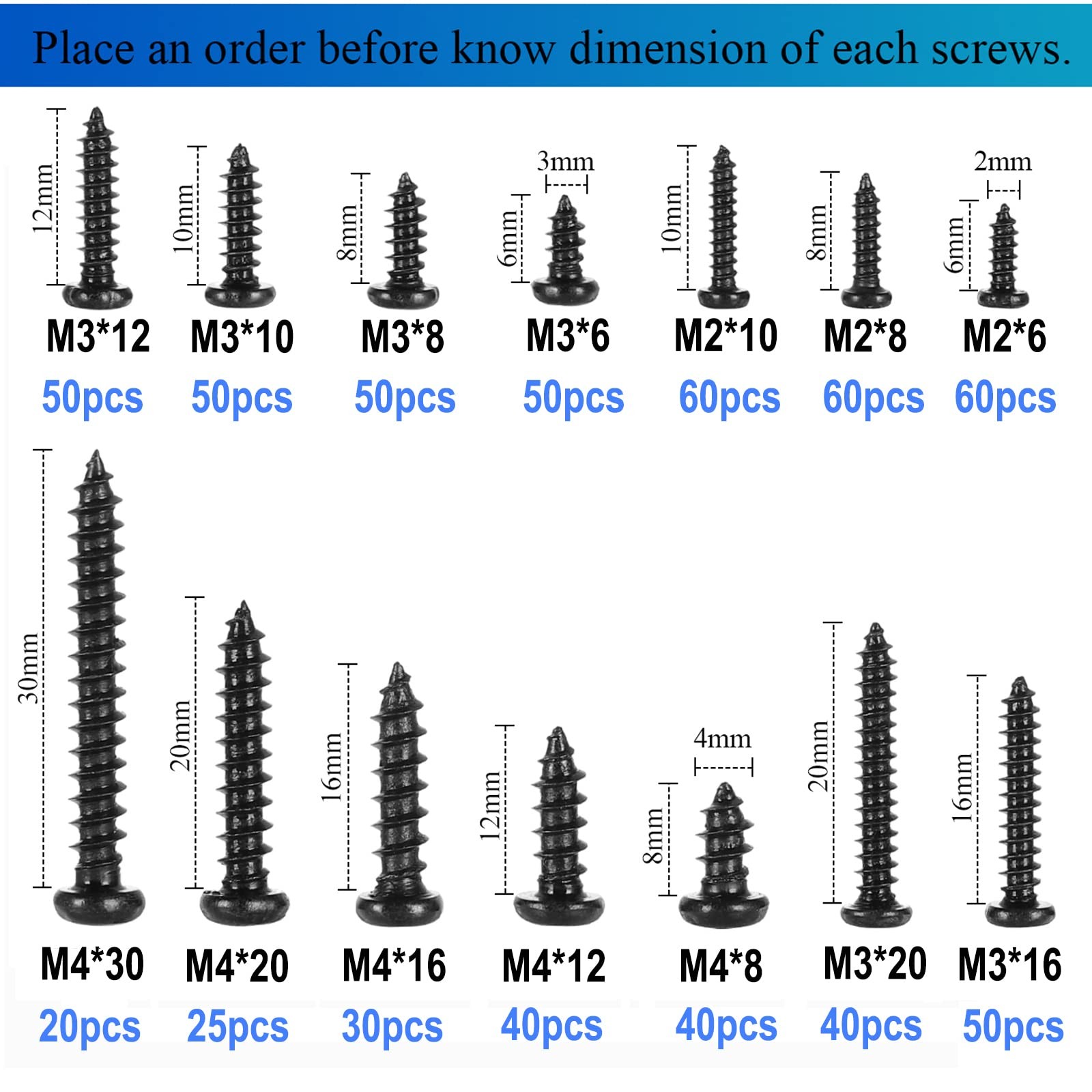 625pcs M2-M4 Phillips Pan Head Self-Tapping Screws Assortment Kit Black