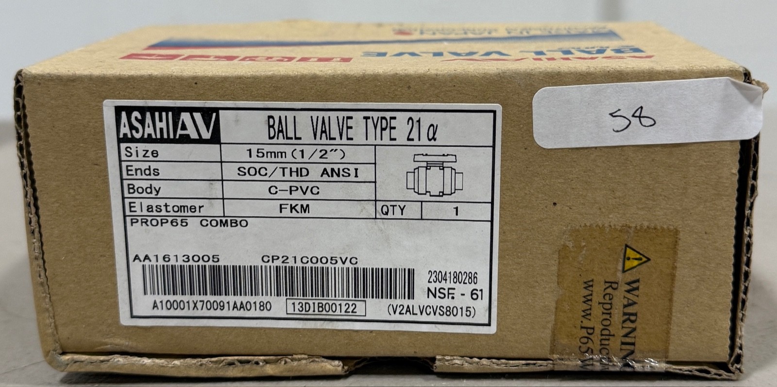 ASAHI AV Type 21α Ball Valve 1/2″ 15mm C-PVC FKM SOC/THD ANSI CP21C005VC