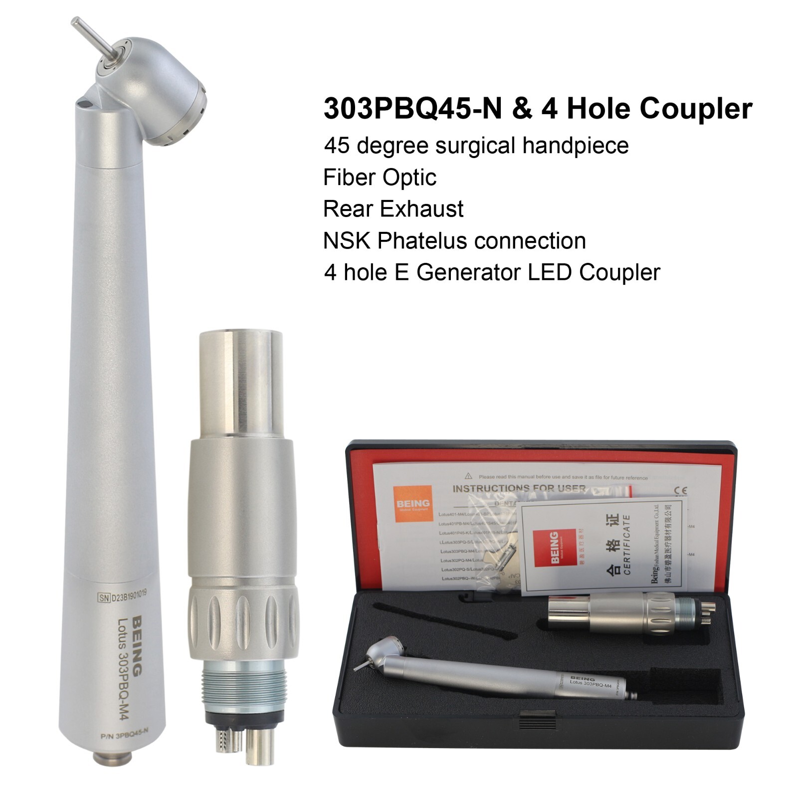 Dental 45 Degree Surgical High Speed Handpiece Fiber Optic KaVo NSK LED Coupler