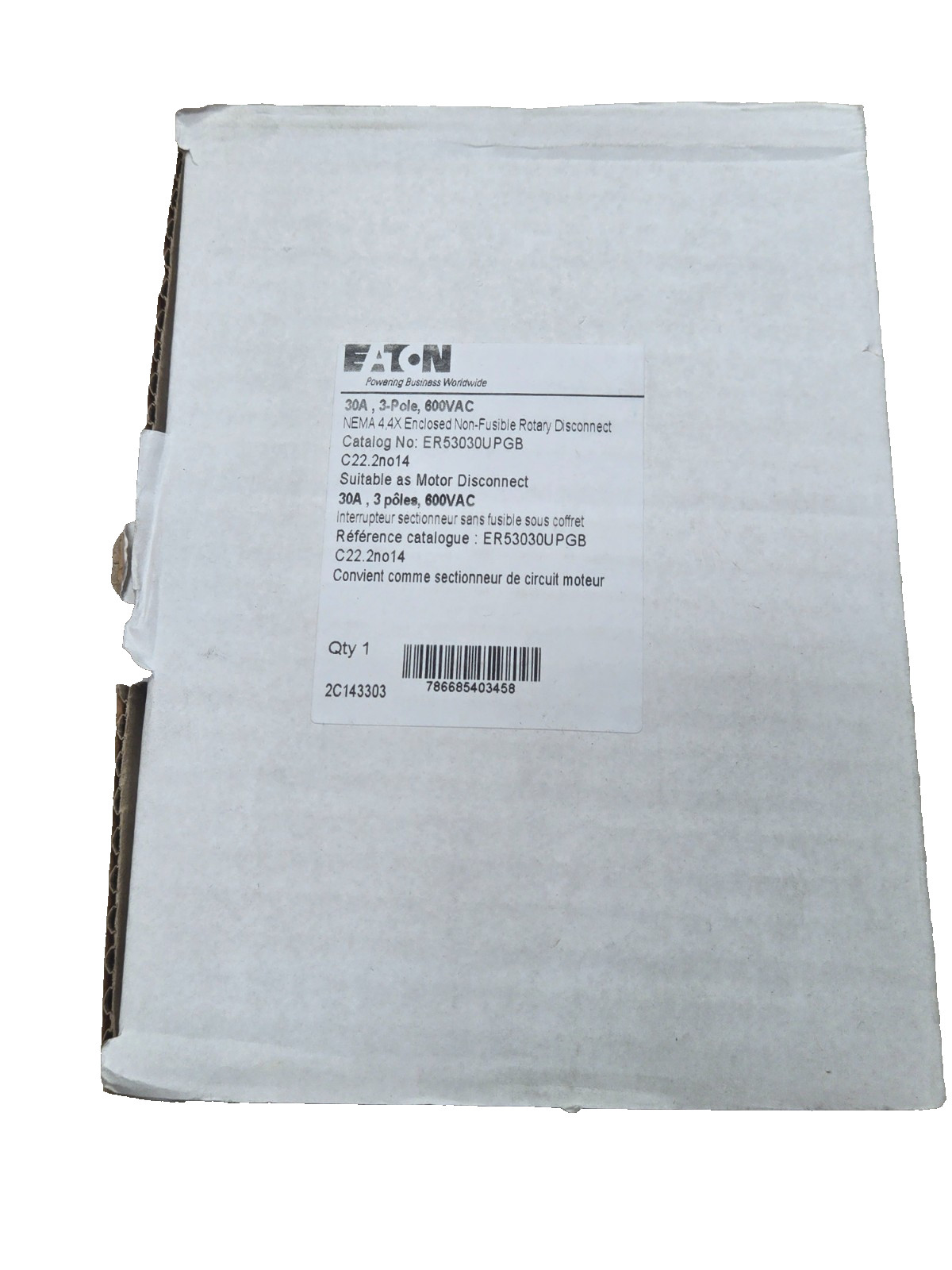 EATON – ER53030UPGB: 3-Pole, 600VAC, 30A, ENCLOSED NON-FUSIBLE ROTARY DISCONNECT