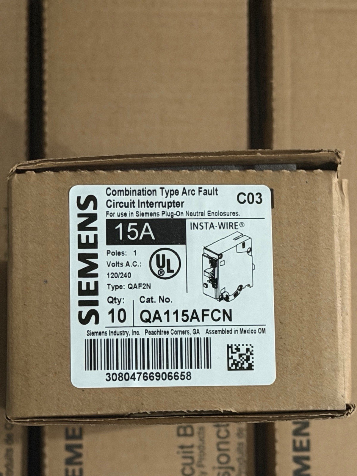 Siemens QA115AFCN 15A 1-Pole AFCI Arc Fault Plug-On Neutral Breakers Pack 10 NEW