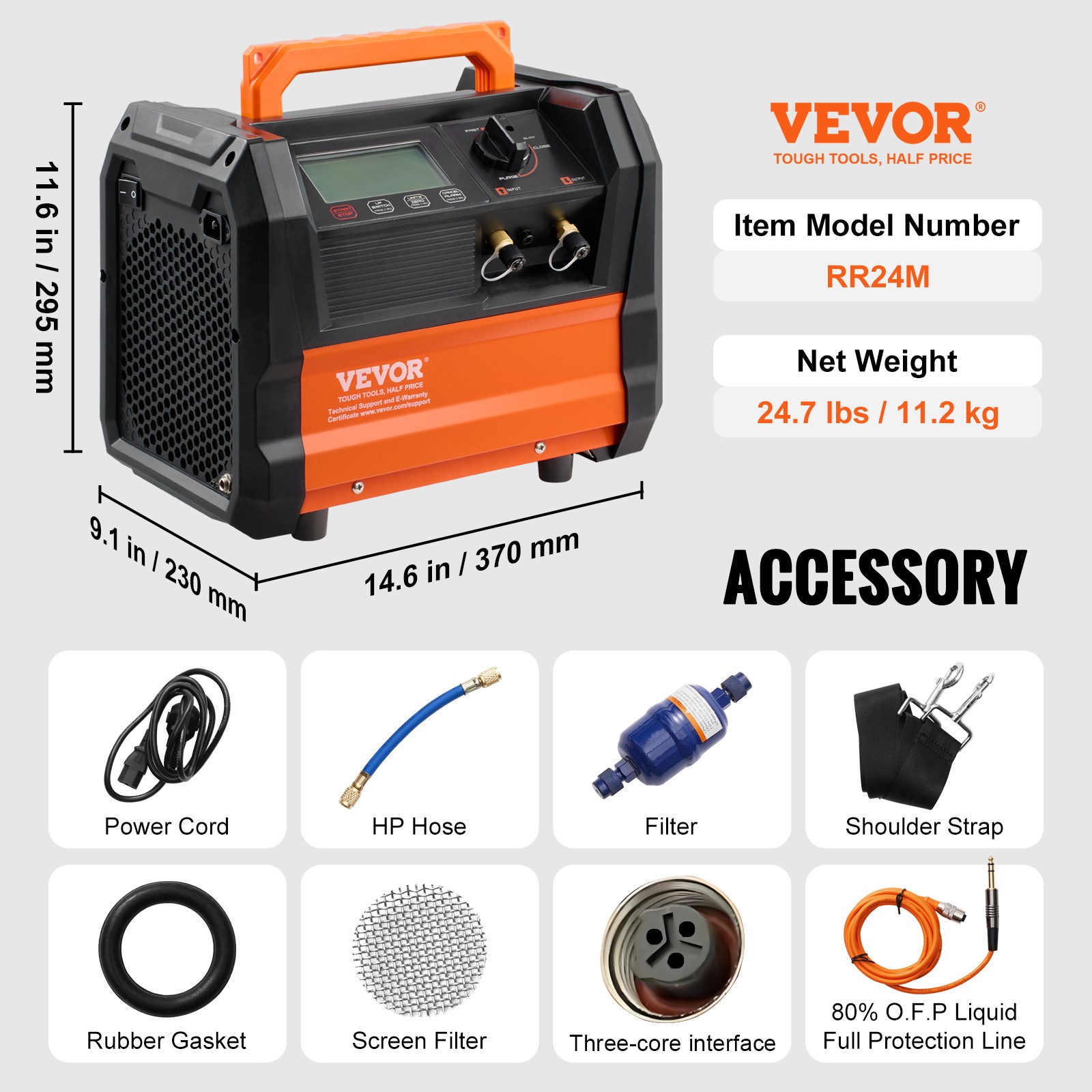VEVOR Refrigerant Recovery Machine 1 HP Dual Cylinder Brushless Portable AC