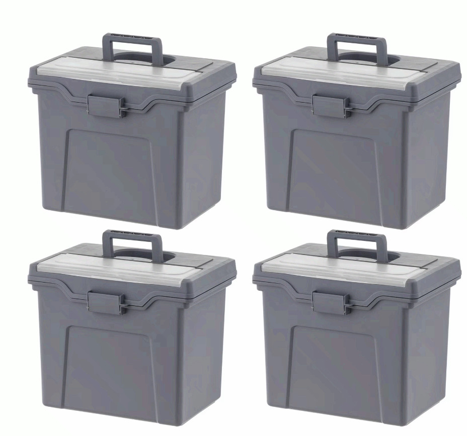Portable Plastic File Box with Organizer Lid, Letter Size, Gray,4 Pk, Gray, New