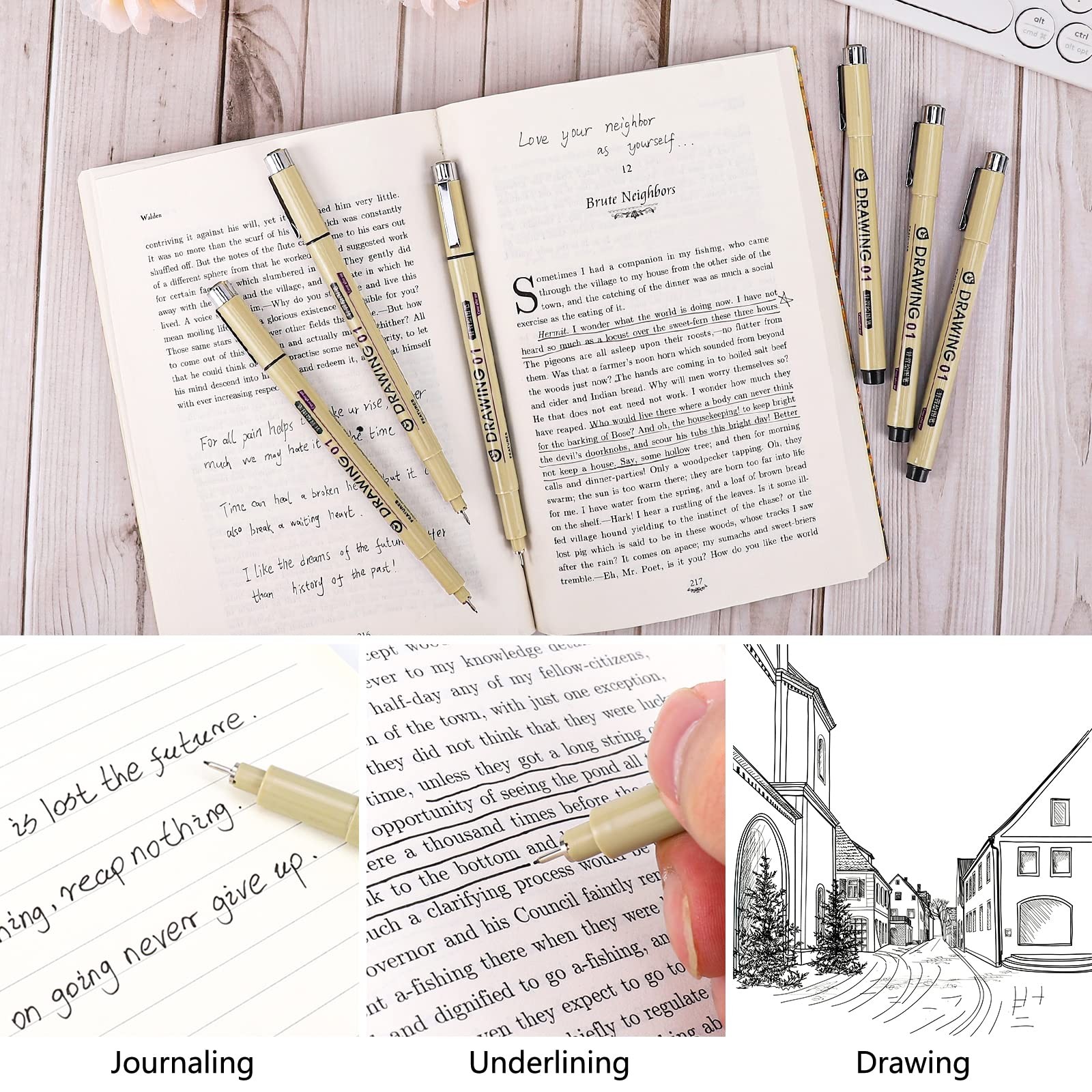 Black Ultra Thin Pens 6 Pack 0.25mm Extra Fine Point No Bleed