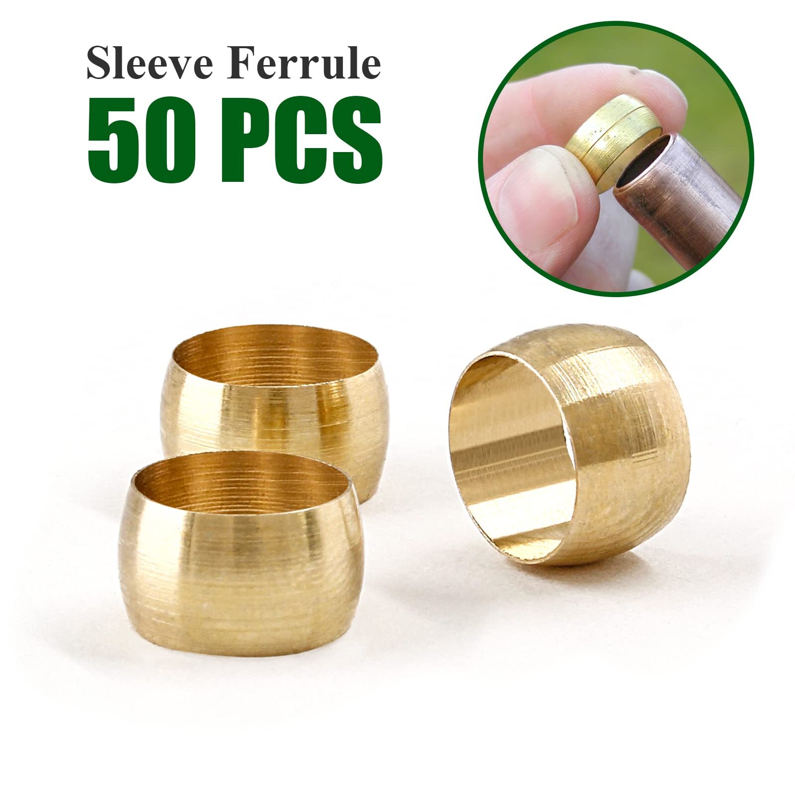 50 Pack 3/8Inch Tube OD Brass Compression Sleeves Ferrules Fitting for Air Water