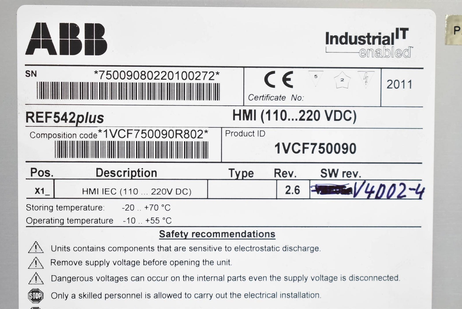 ABB REF542plus Control Panel HMI IEC 110-220VDC ( 1VCF750090R802 )