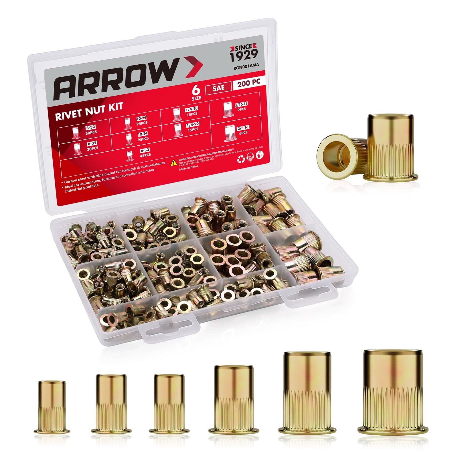 Arrow Rivet Nut Kit, 200pcs SAE High Carbon Steel Zinc Plated Rivnut Assortmen