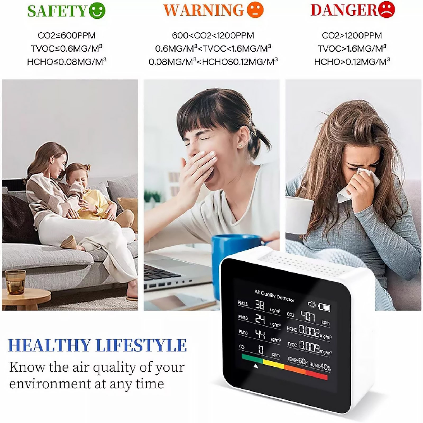 9-in-1 Air Quality Monitor Indoor Carbon Monoxide Detector PM2.5/1.0/10 HCHO