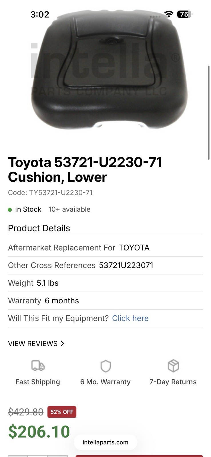 Total Source Vinyl Seat Bottom Cushion TY53721-U2230-71 for Toyota Forklift